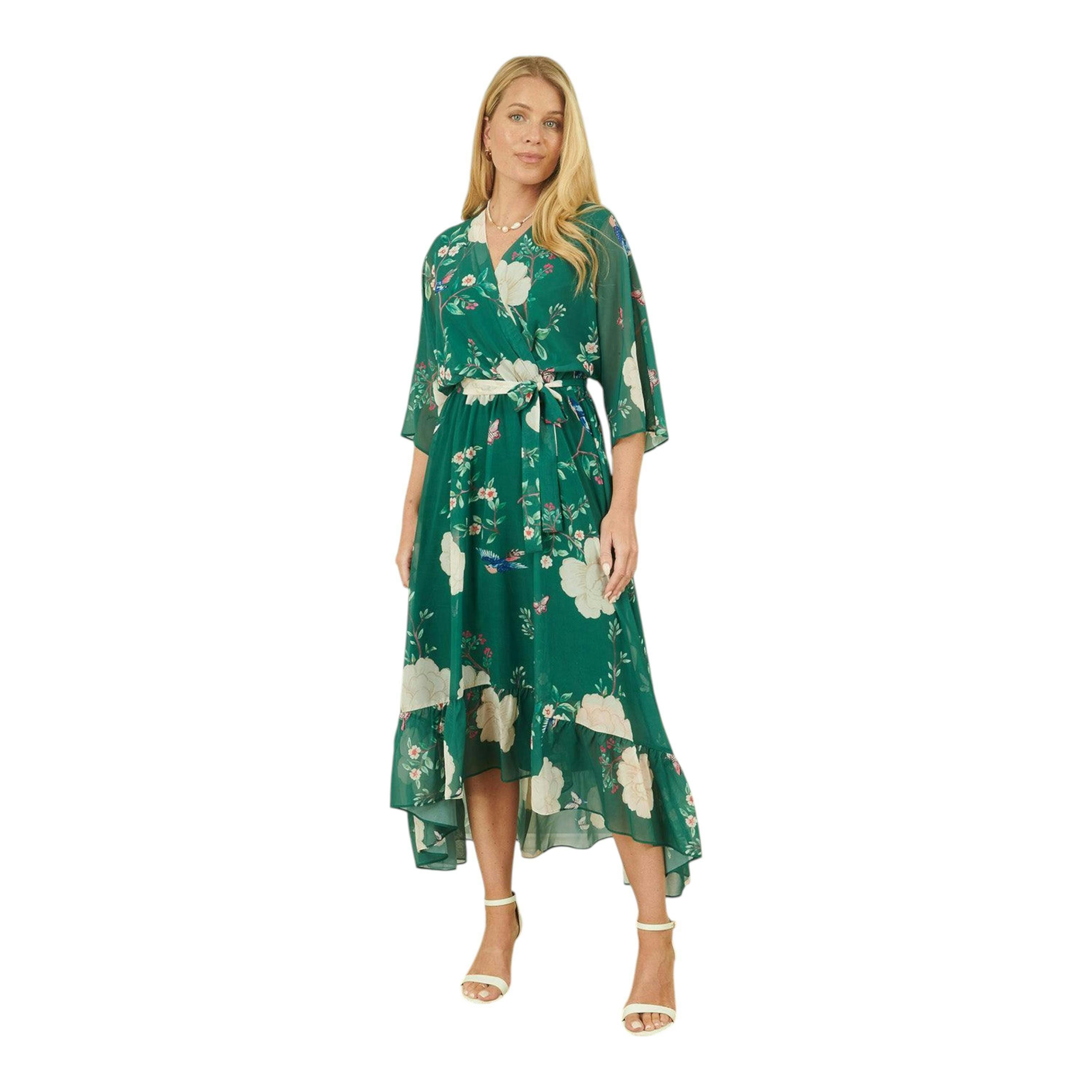 Yumi Green Bird and Floral Print Midi Wrap Dress , view 4 of 6