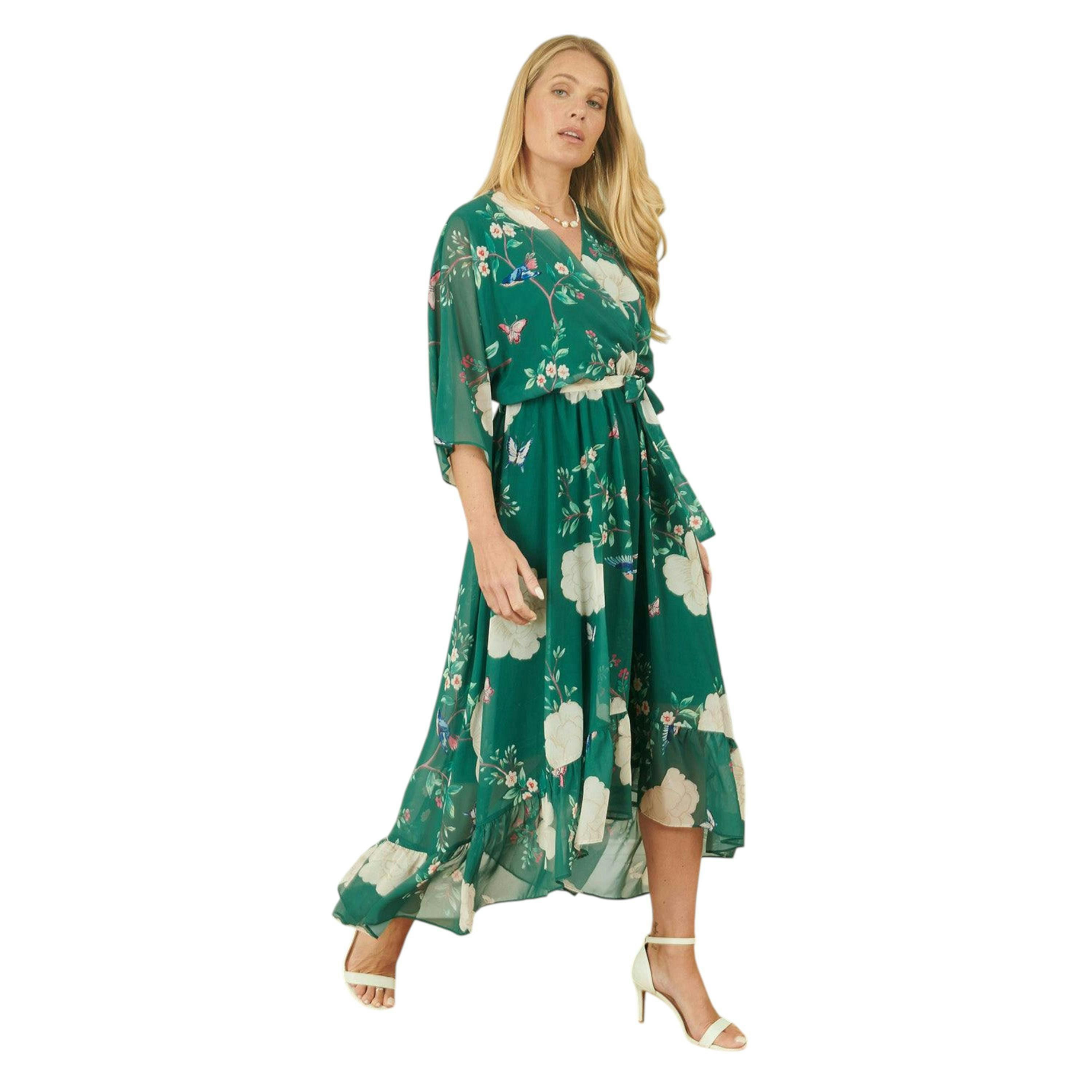 Yumi Green Bird and Floral Print Midi Wrap Dress , view 5 of 6