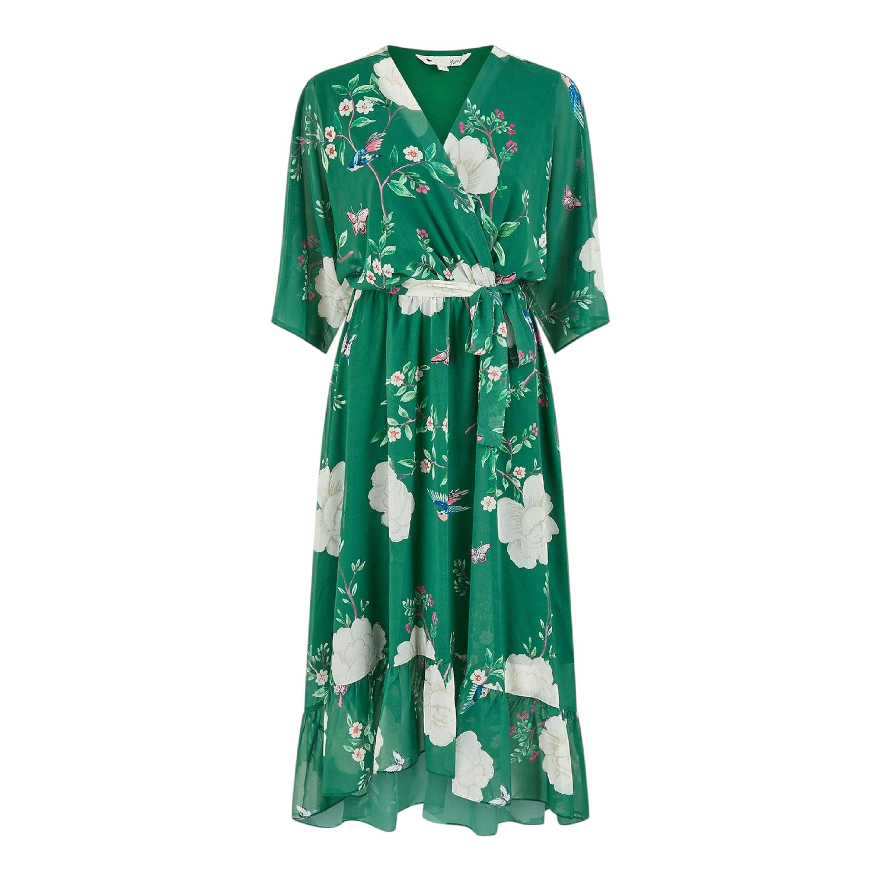 Yumi Green Bird and Floral Print Midi Wrap Dress , view 6 of 6
