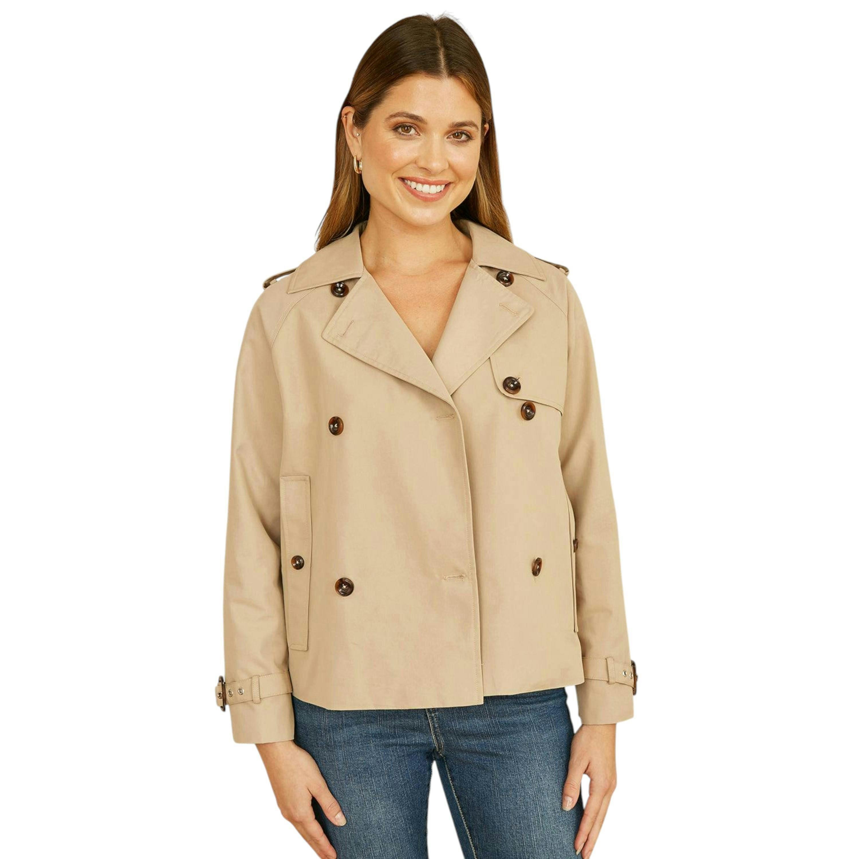 Yumi Beige Cropped Trench Jacket With Pockets and Check Lining , view 1 of 5