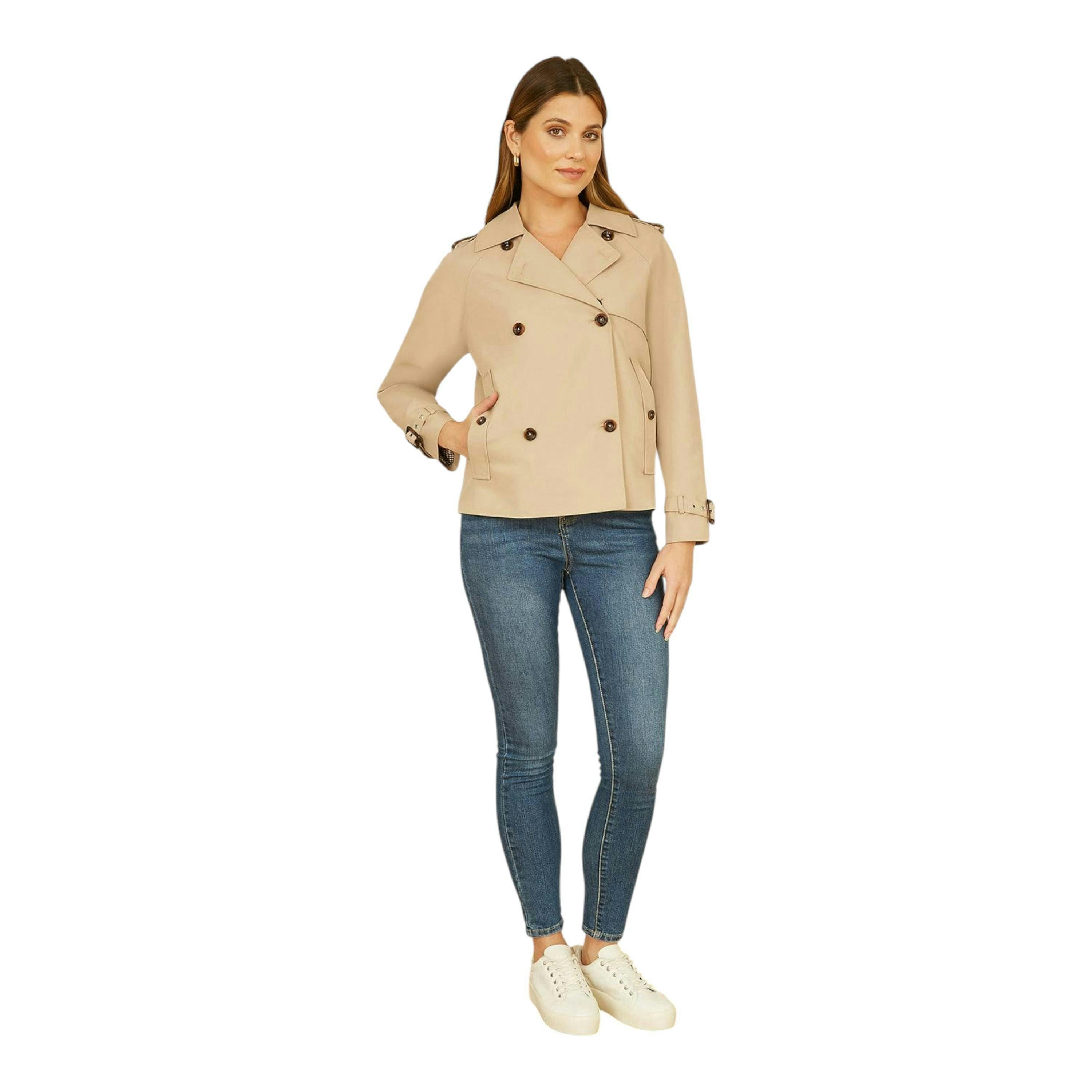 Yumi Beige Cropped Trench Jacket With Pockets and Check Lining , view 2 of 5