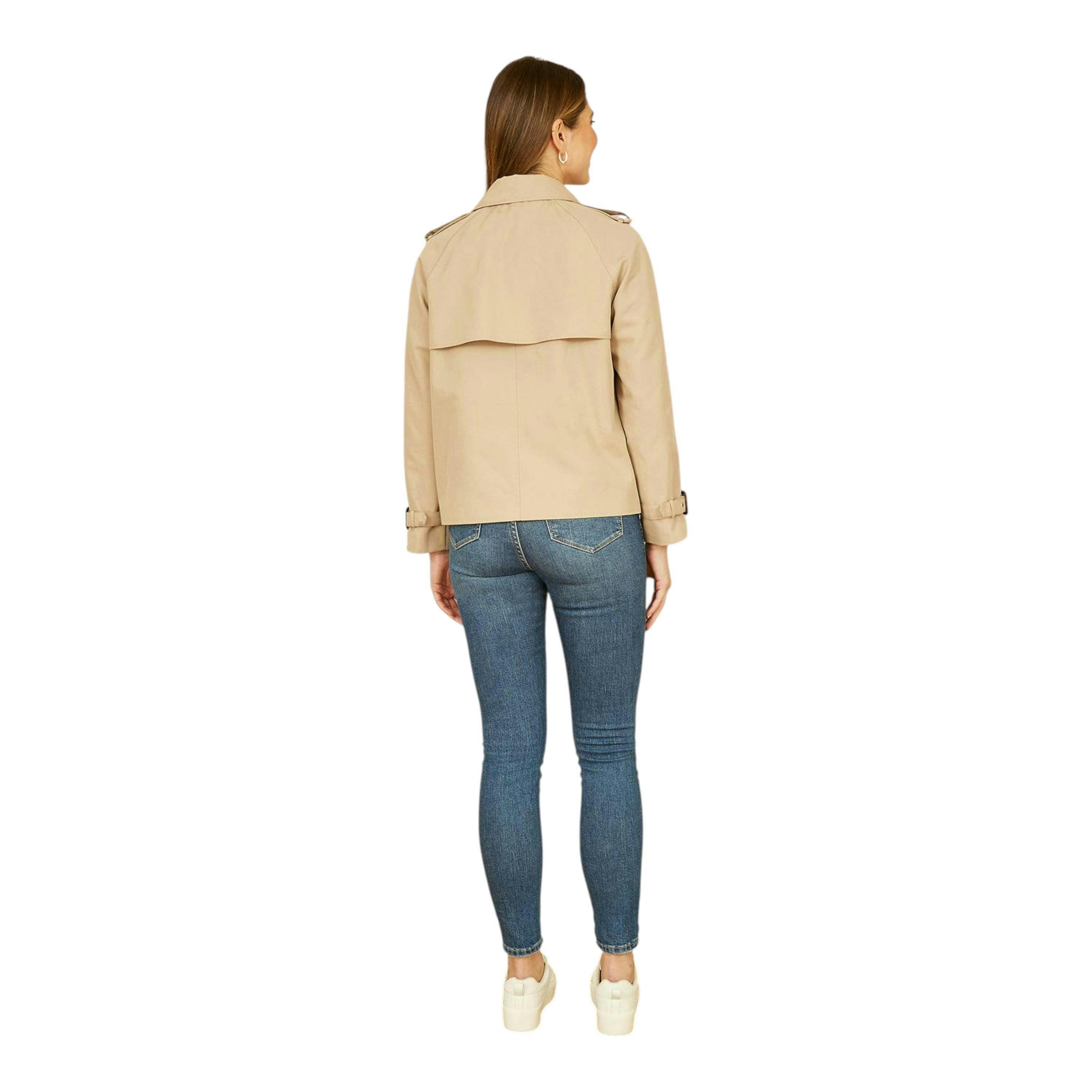 Yumi Beige Cropped Trench Jacket With Pockets and Check Lining , view 4 of 5