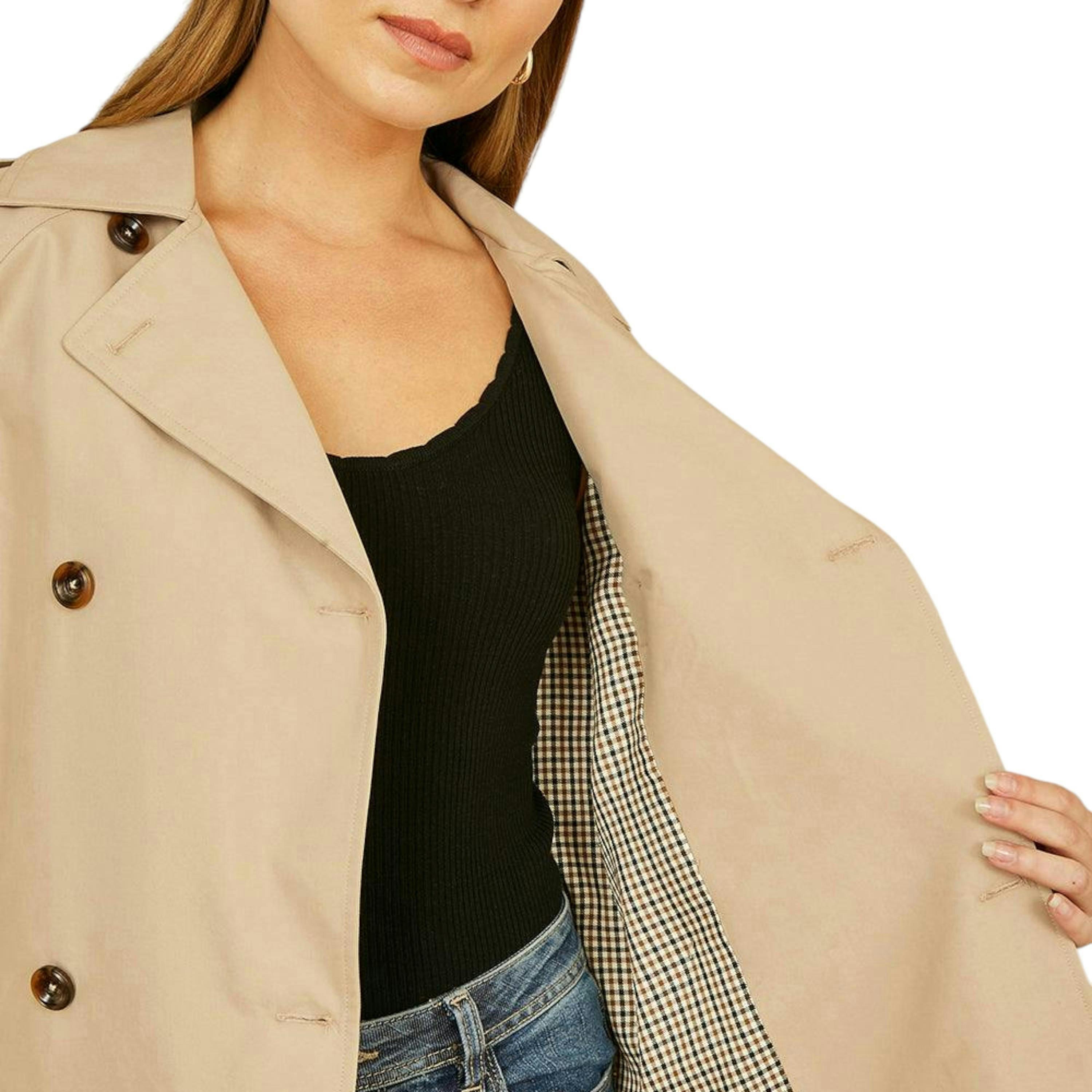 Yumi Beige Cropped Trench Jacket With Pockets and Check Lining , view 5 of 5