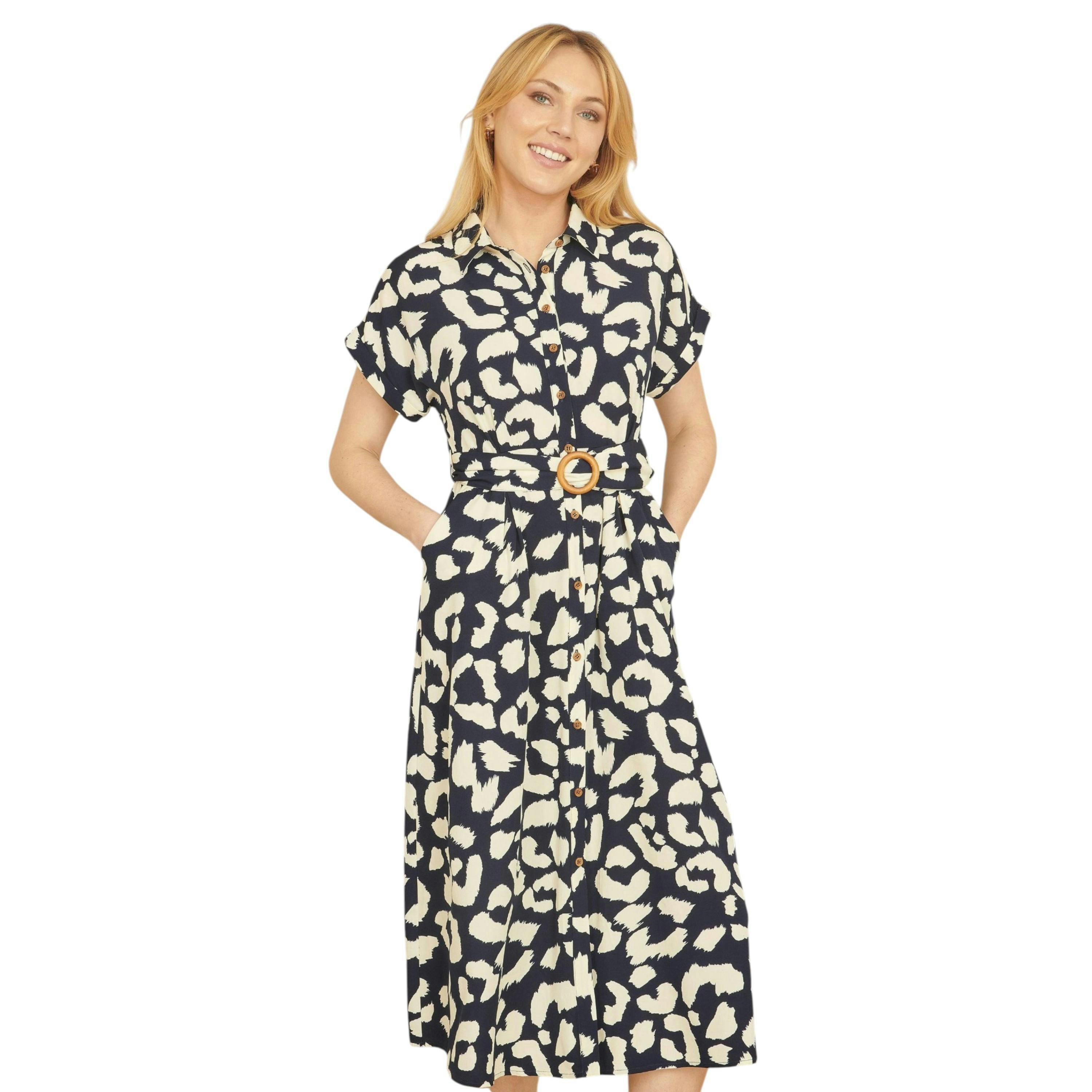 Yumi Navy Abstract Animal Print Relaxed Midi Shirt Dress With Belt , view 1 of 3