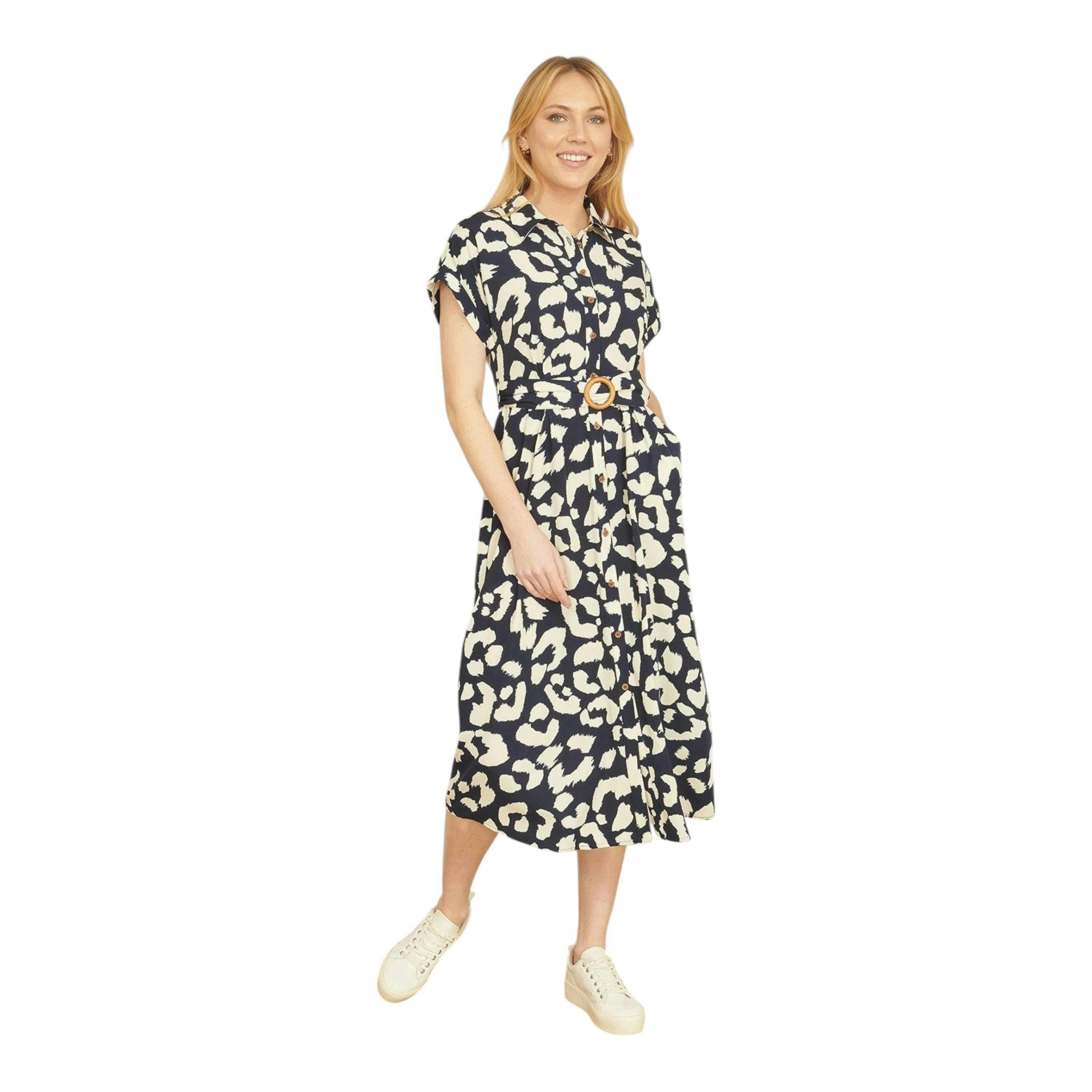 Yumi Navy Abstract Animal Print Relaxed Midi Shirt Dress With Belt , view 2 of 3