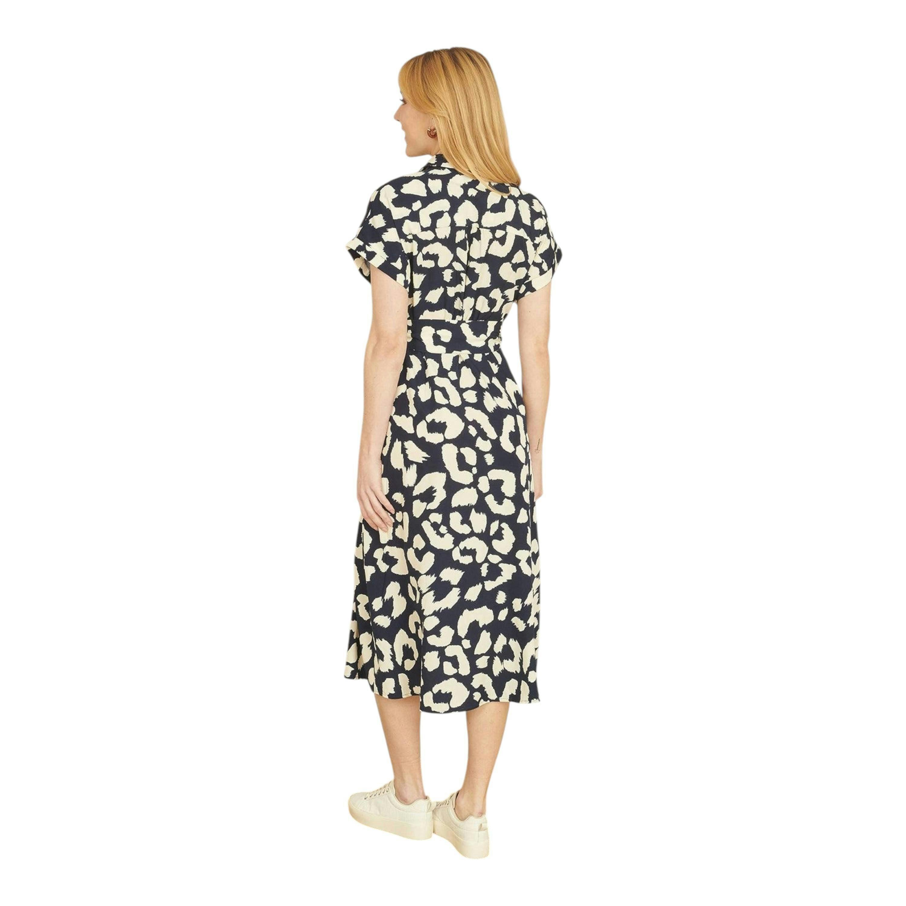 Yumi Navy Abstract Animal Print Relaxed Midi Shirt Dress With Belt , view 3 of 3