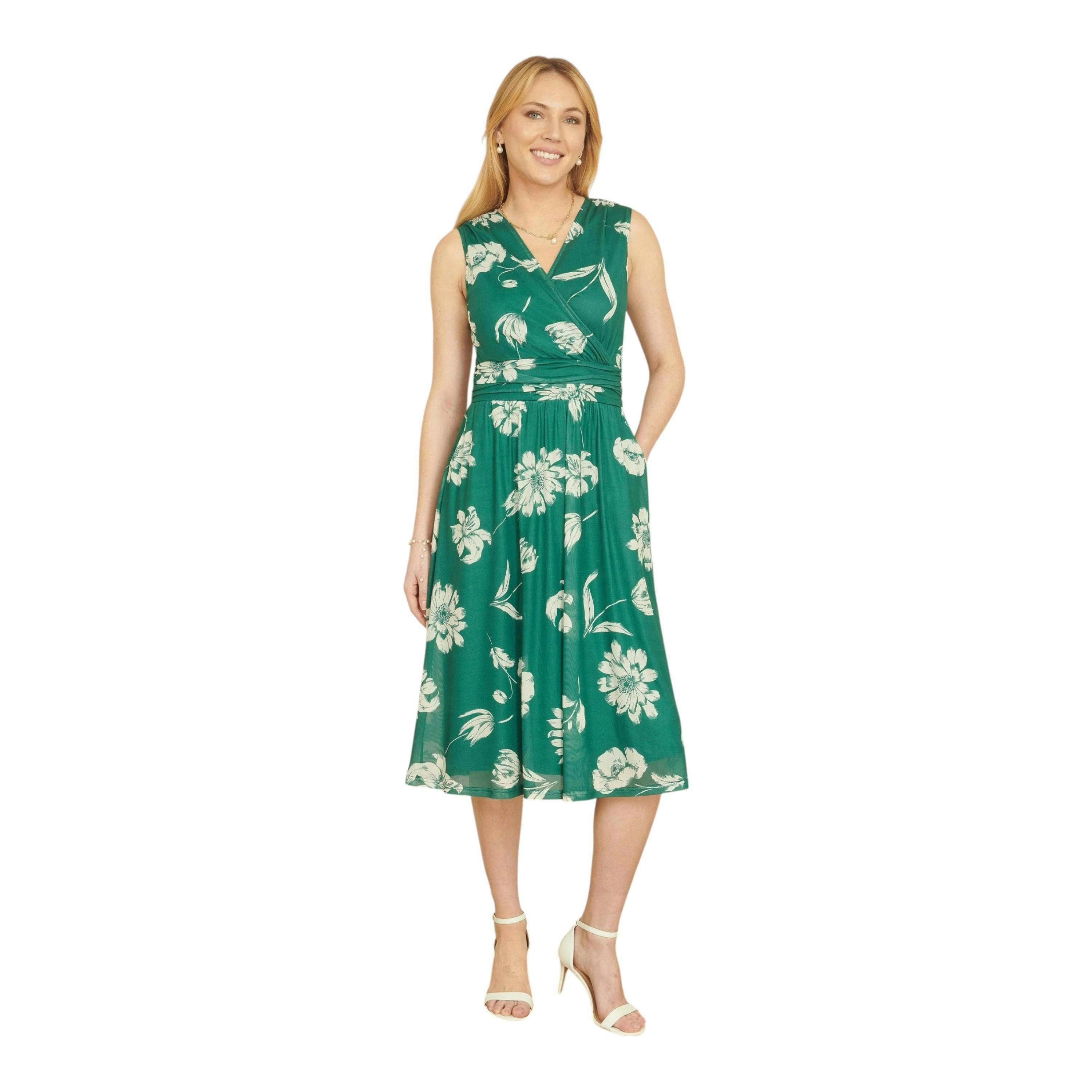 Yumi Green Floral Print Stretch Mesh Dress With Pockets , view 2 of 4