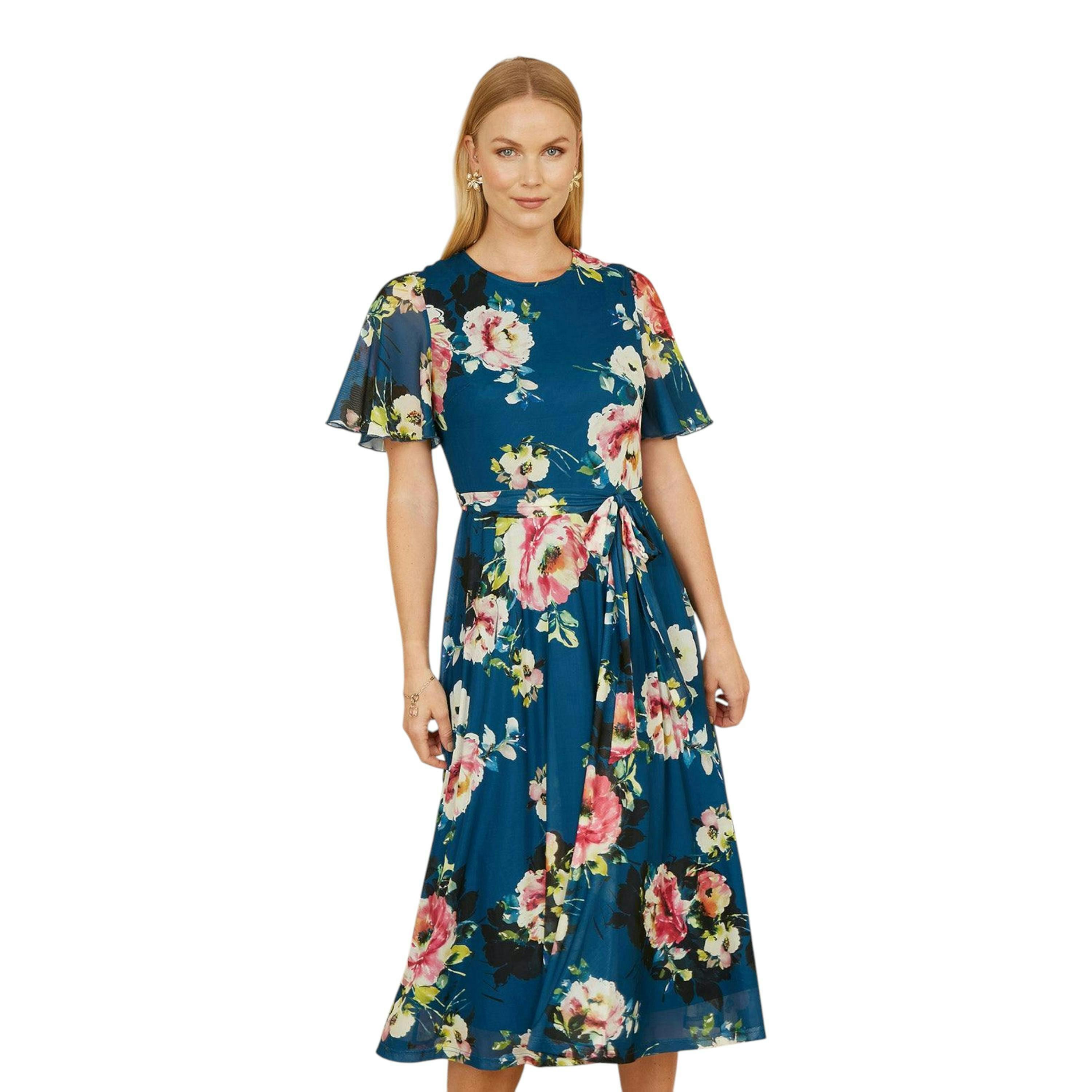 Yumi Green Mesh Floral Midi Dress With Angel Sleeves , view 1 of 6