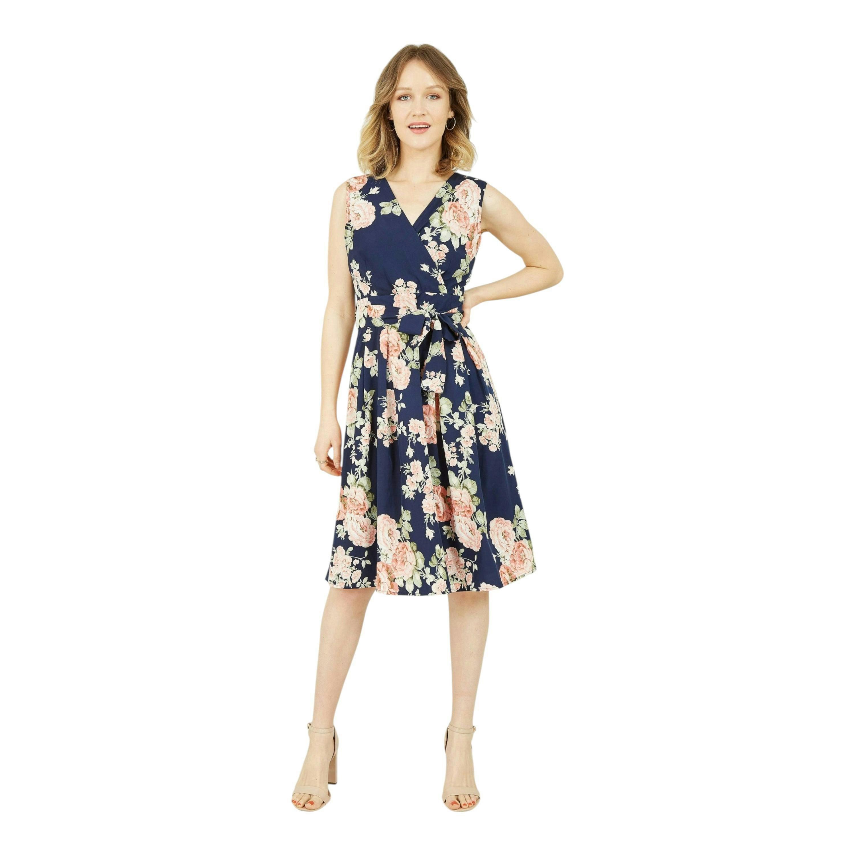 Yumi Navy Rose Printed Wrap Over Sleeveless Skater Dress , view 1 of 3