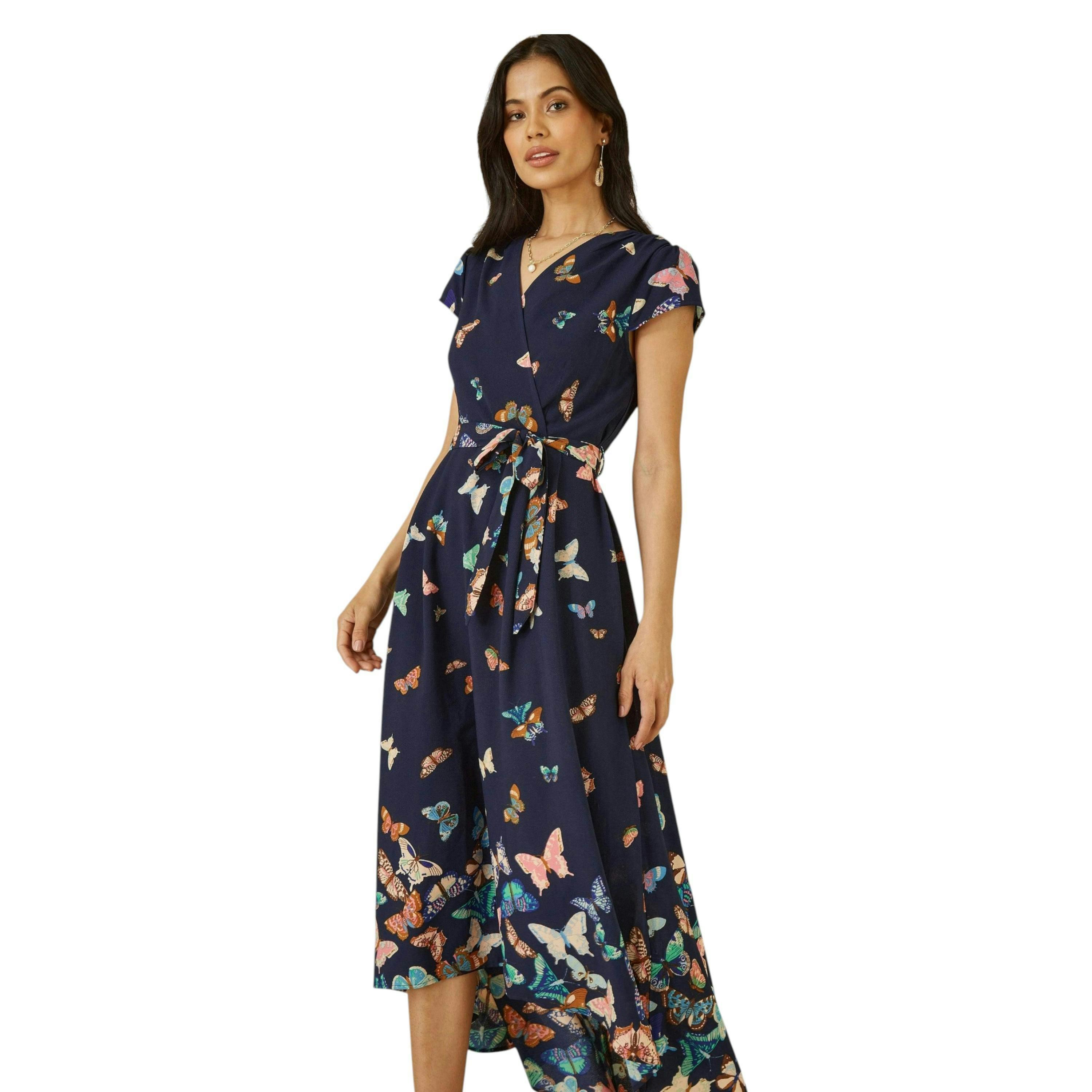 Yumi Navy Butterfly Print Dip Hem Midi Wrap Dress , view 1 of 3