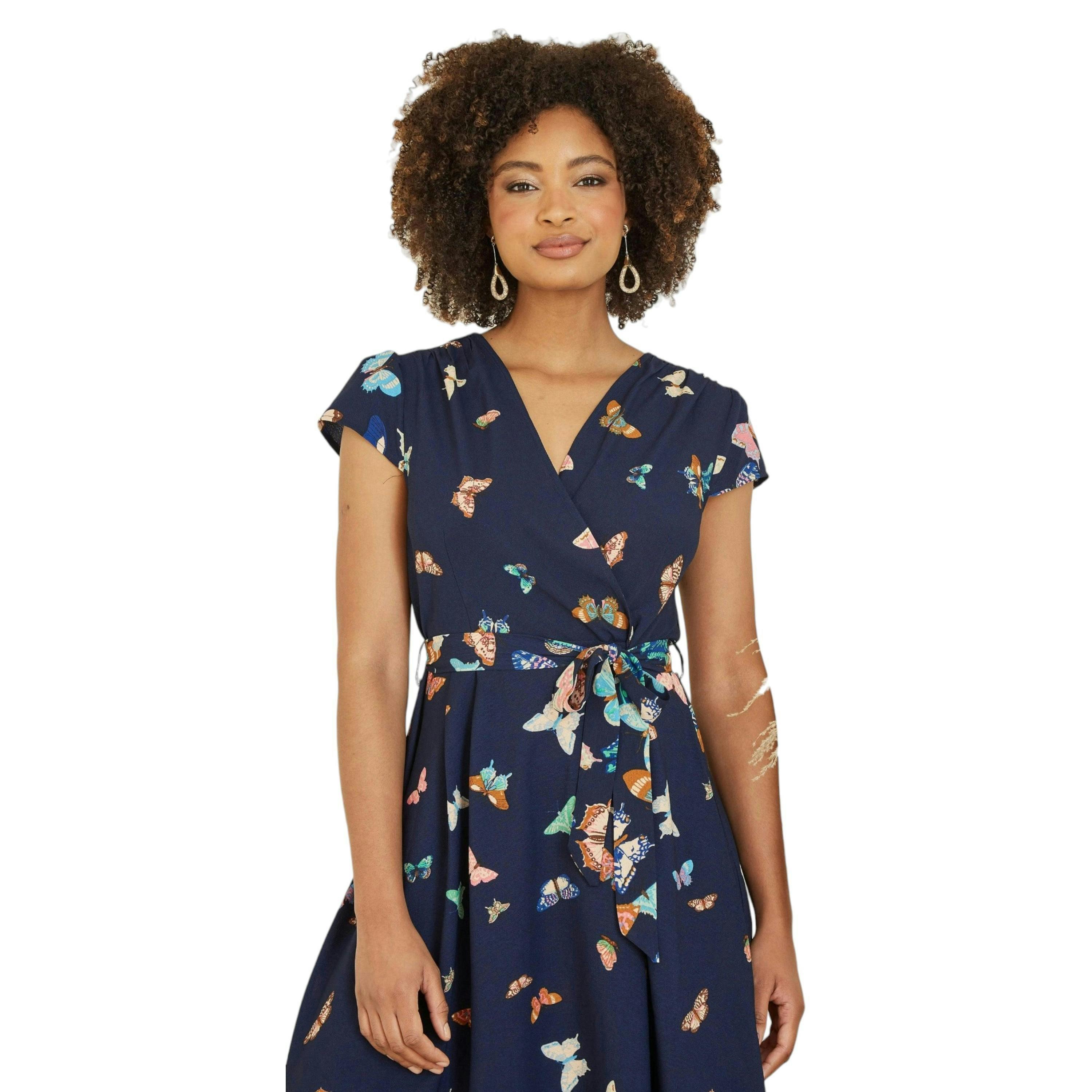 Yumi Navy Butterfly Print Dip Hem Midi Wrap Dress , view 2 of 3