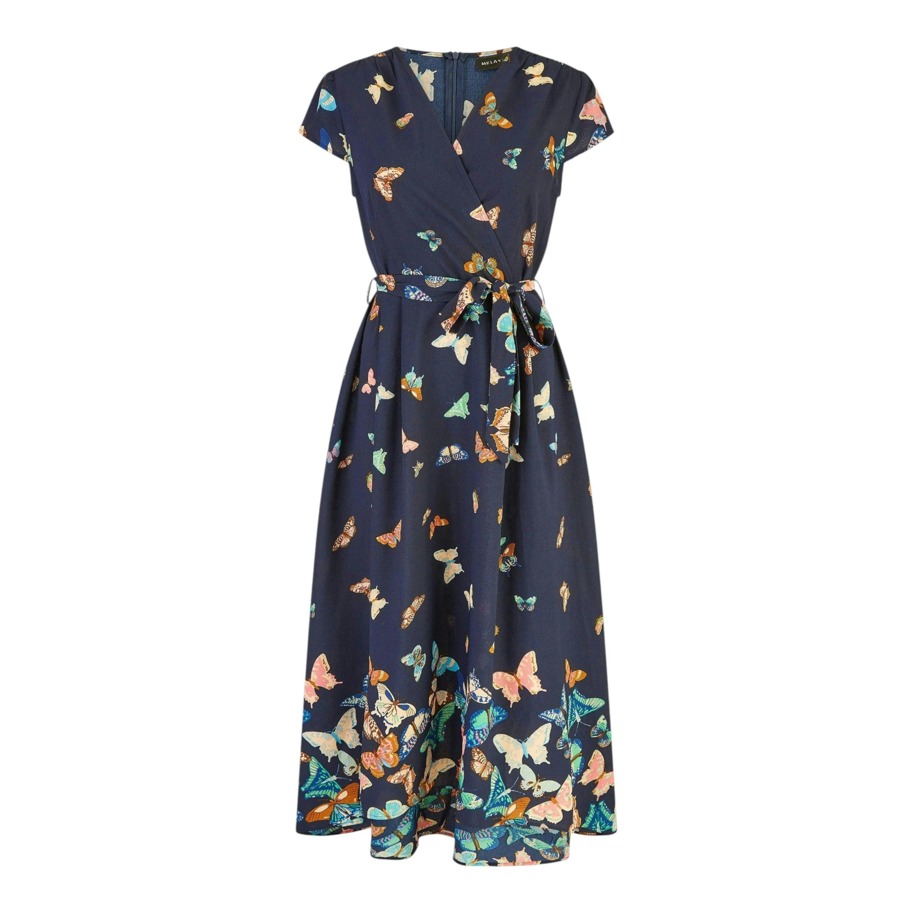 Yumi Navy Butterfly Print Dip Hem Midi Wrap Dress , view 3 of 3