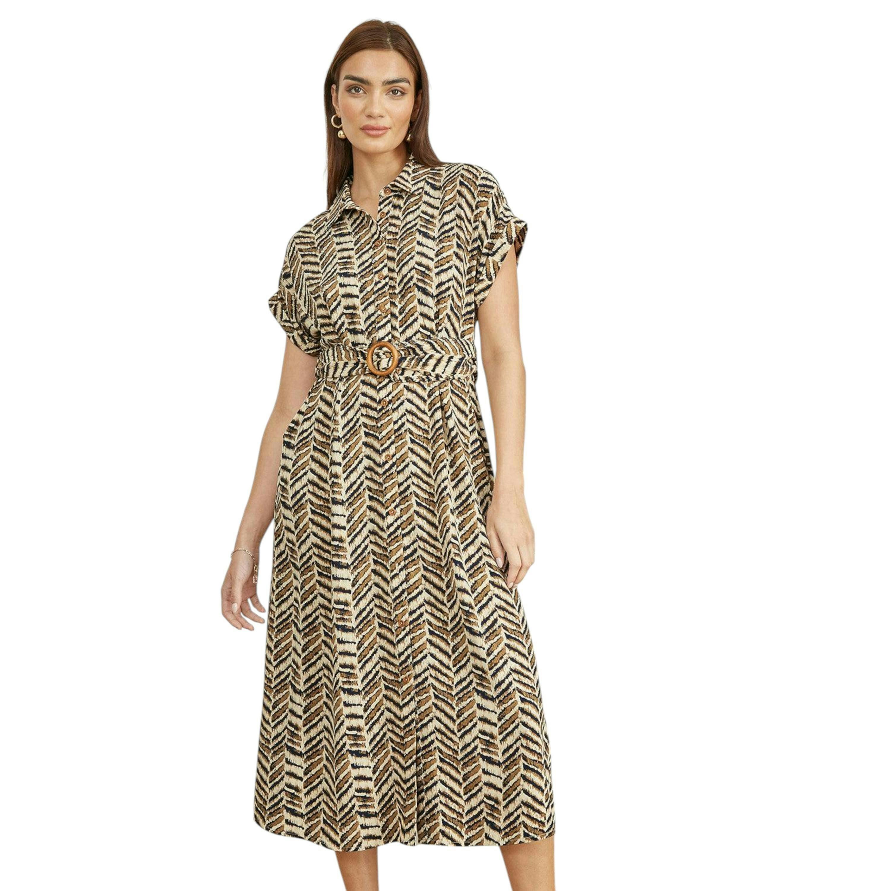 Yumi Brown Abstract Animal Print Relaxed Midi Shirt Dress With Belt , view 1 of 4