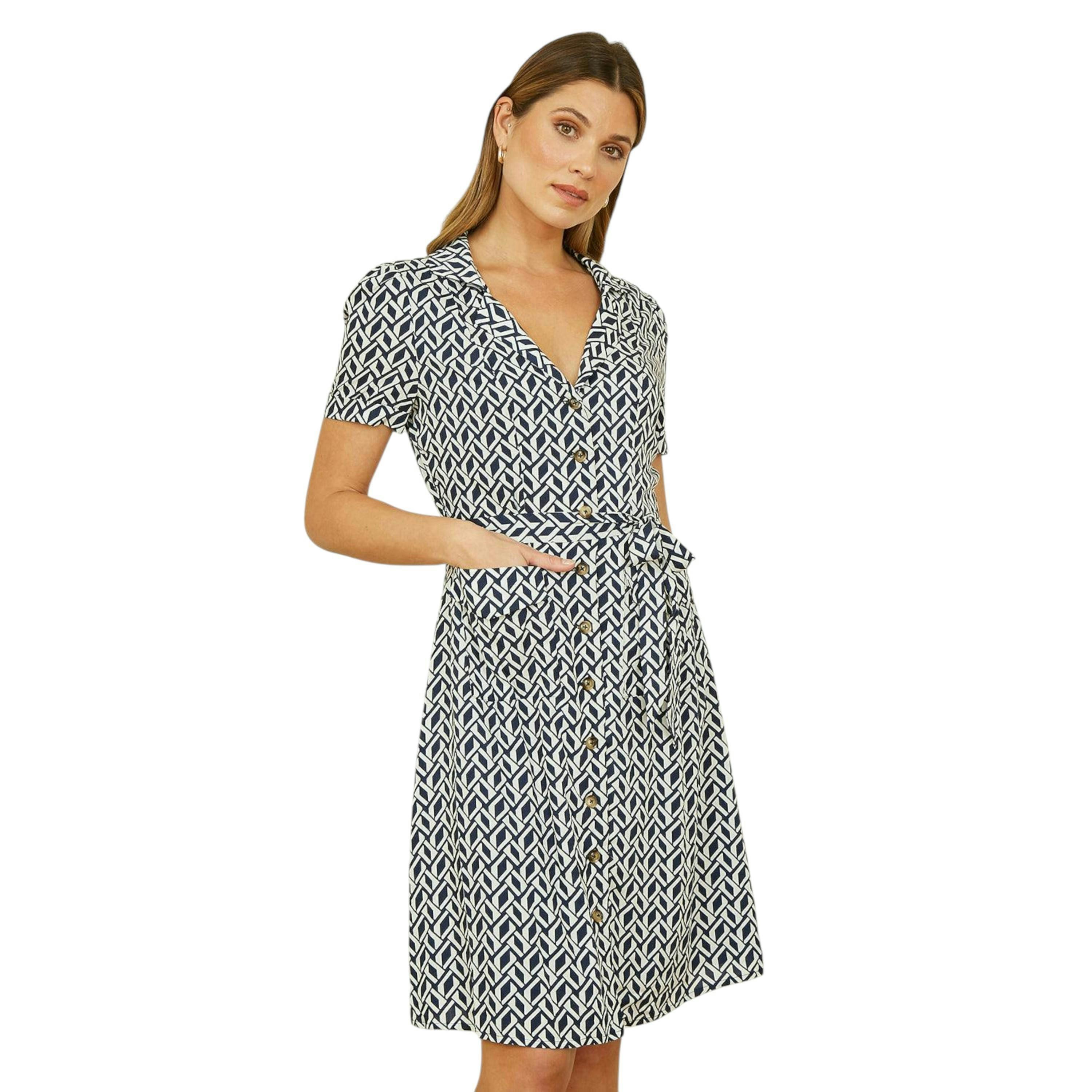 Yumi Navy Geo Print Retro Style Shirt Dress , view 1 of 6