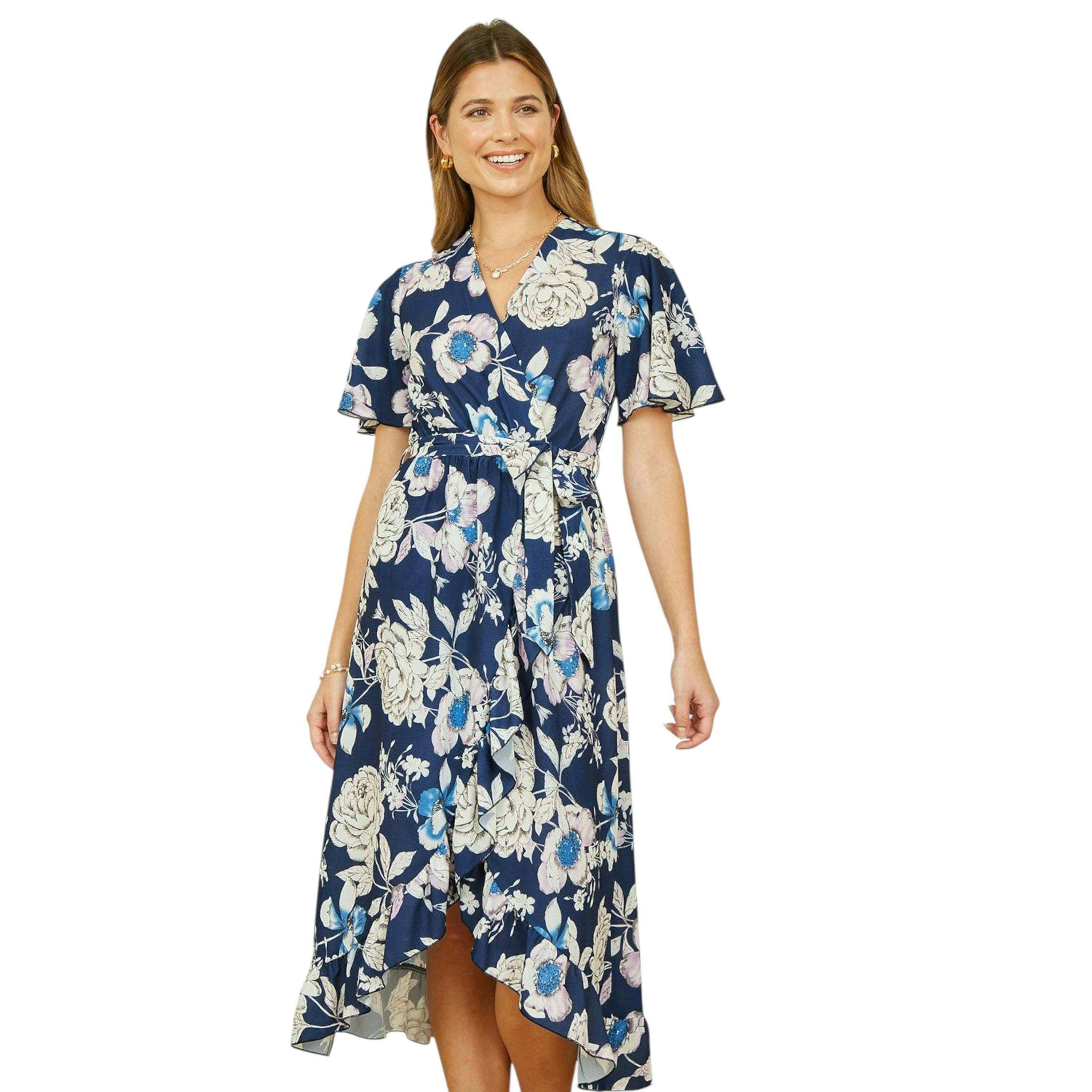 Yumi Navy Floral Midi Wrap Dress , view 3 of 6