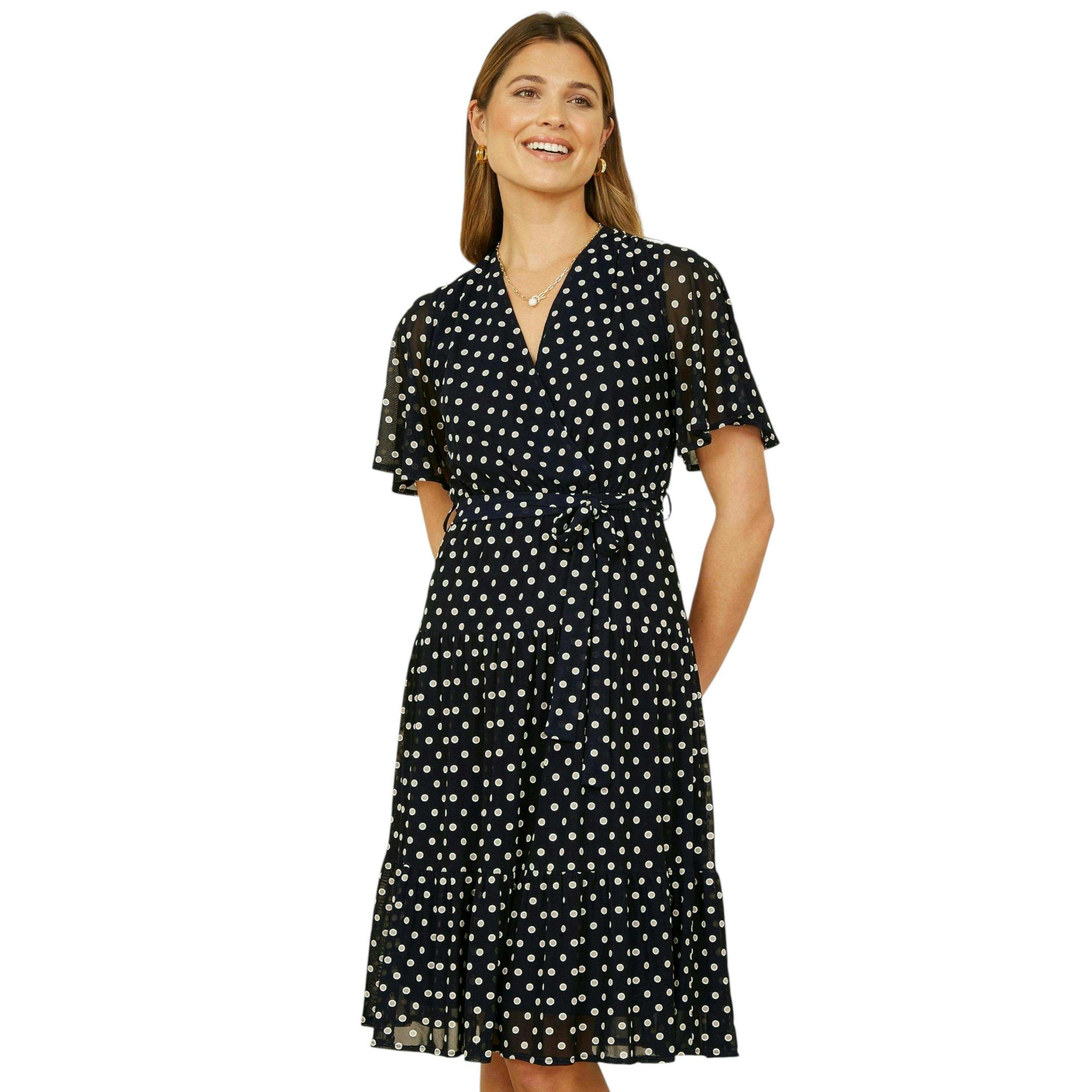 Yumi Navy Dot Print Mesh Stretch Midi Skater Dress , view 1 of 6
