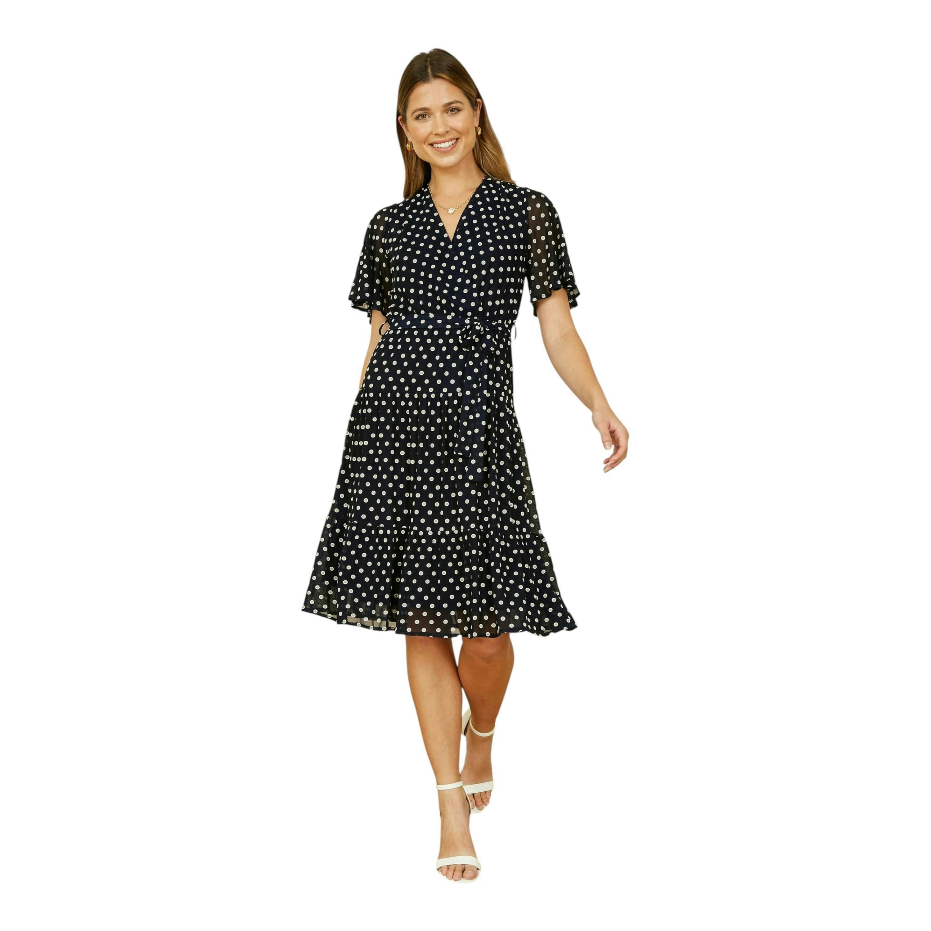 Yumi Navy Dot Print Mesh Stretch Midi Skater Dress , view 2 of 6