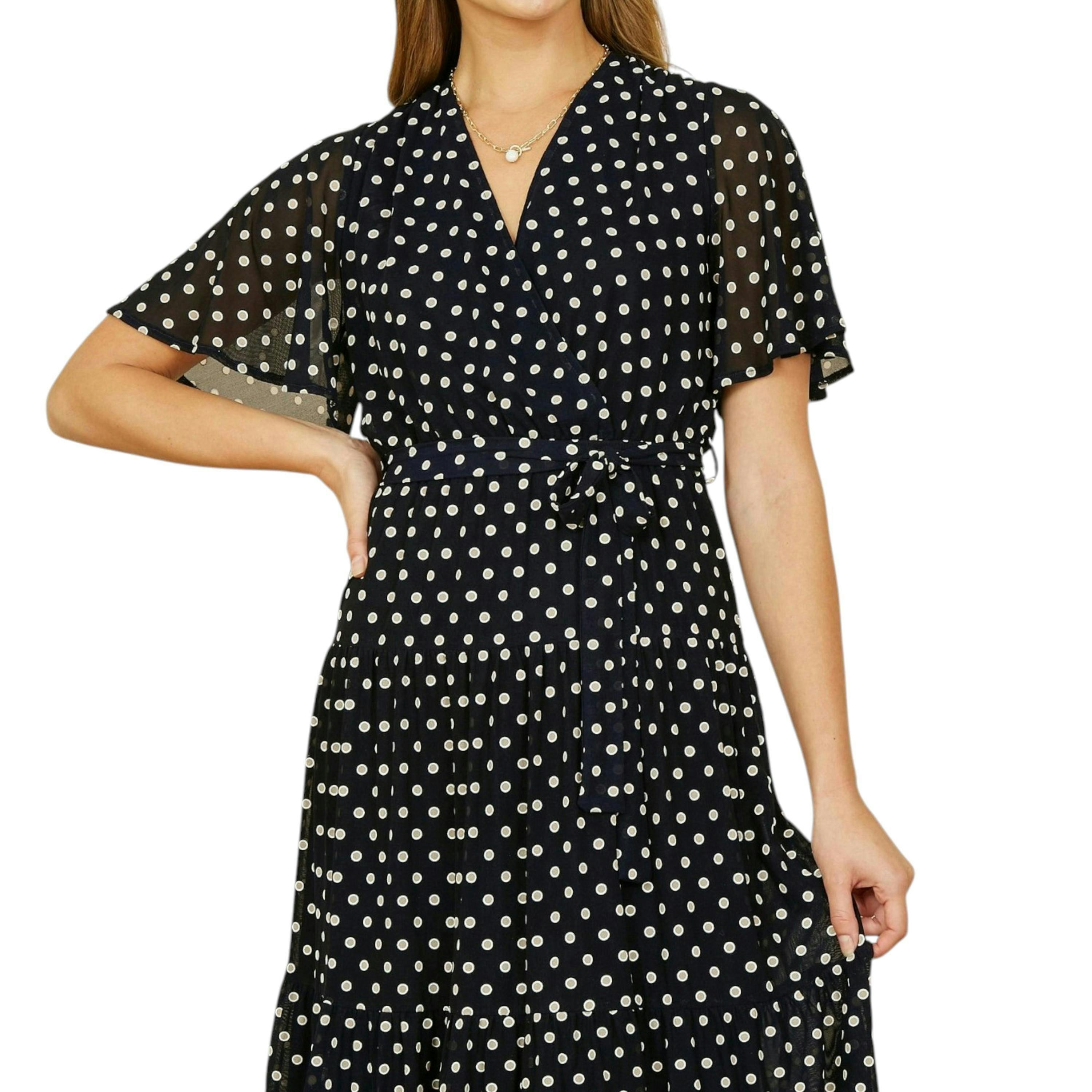Yumi Navy Dot Print Mesh Stretch Midi Skater Dress , view 4 of 6
