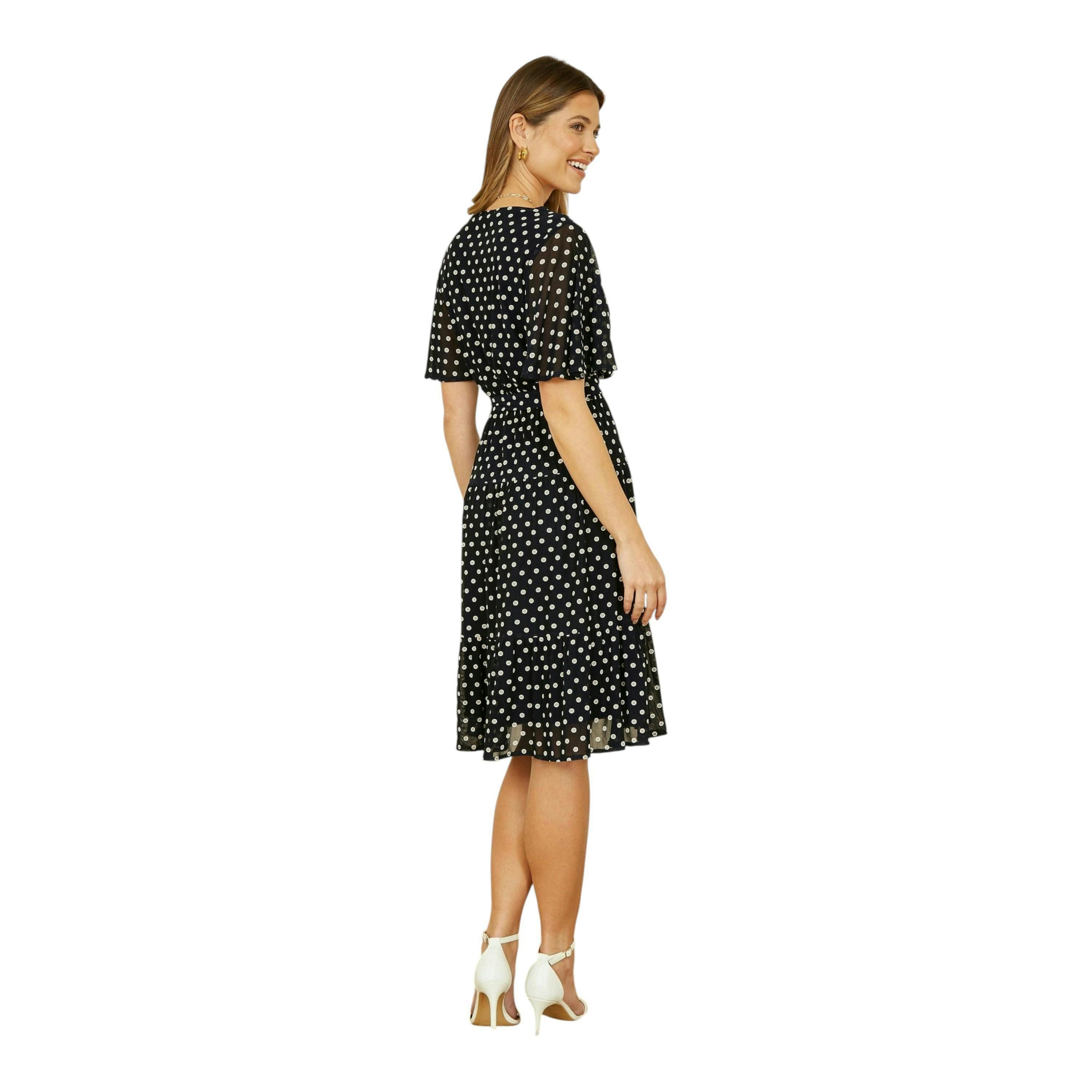 Yumi Navy Dot Print Mesh Stretch Midi Skater Dress , view 5 of 6
