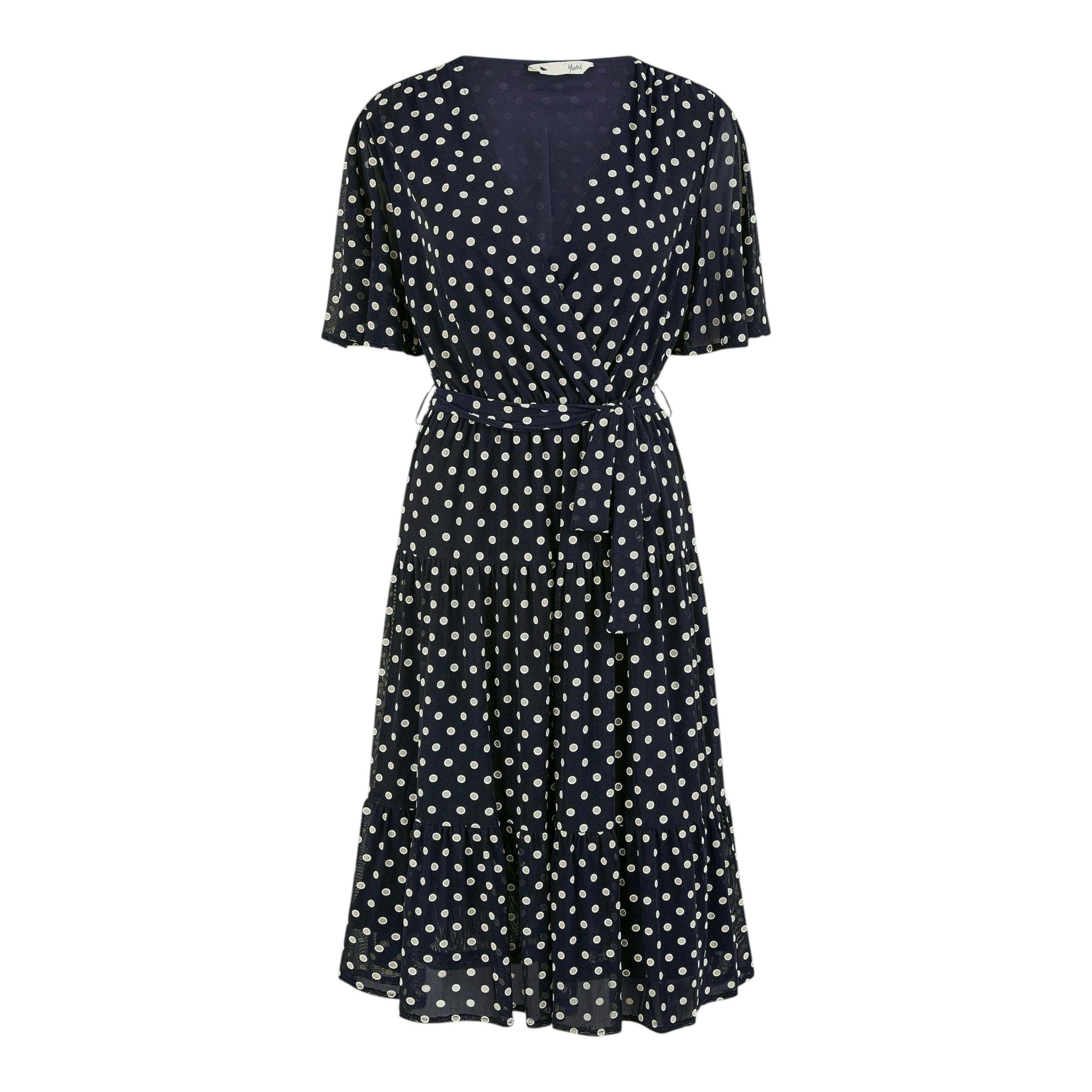 Yumi Navy Dot Print Mesh Stretch Midi Skater Dress , view 6 of 6