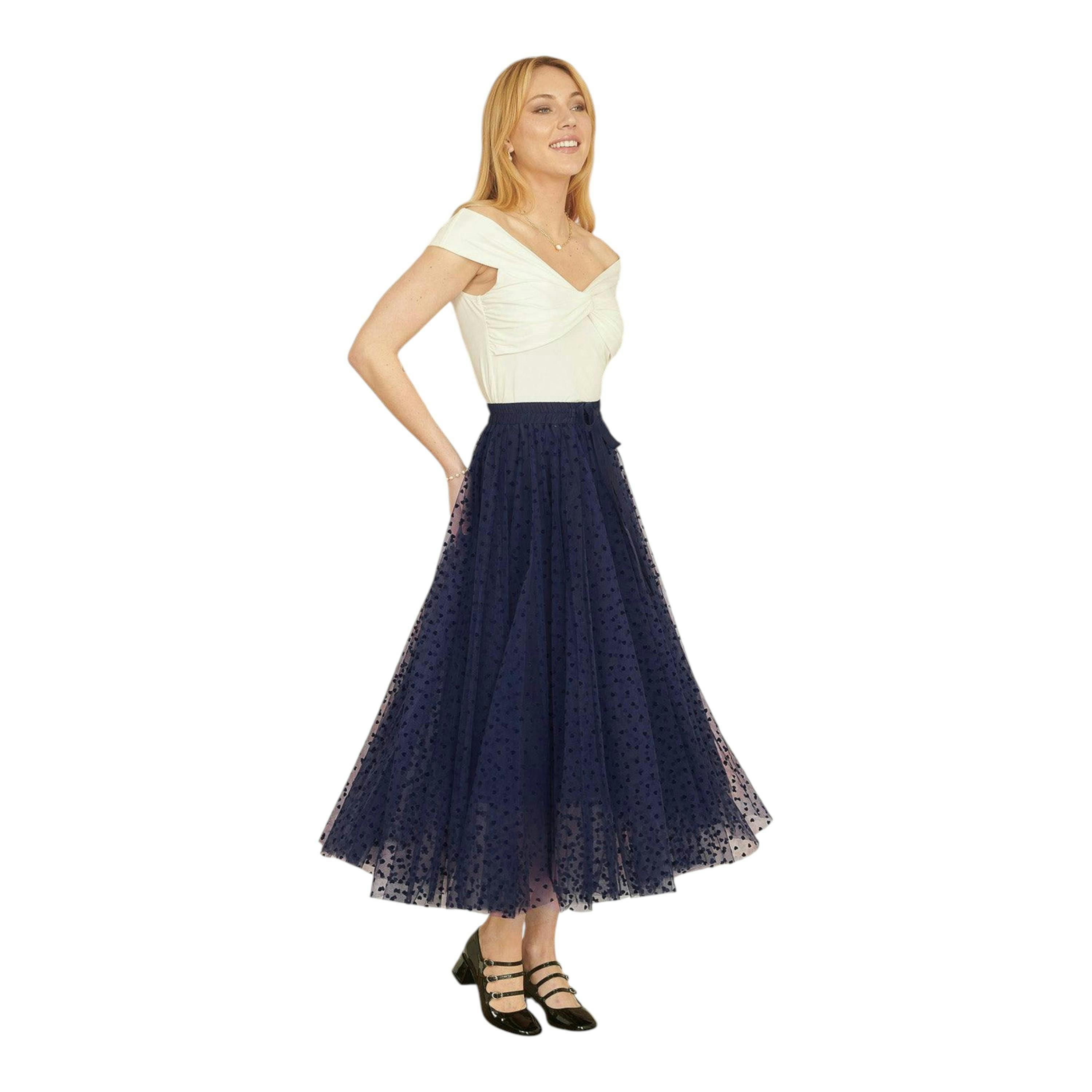 Yumi Navy Mesh Heart Print Tulle Skirt , view 1 of 6