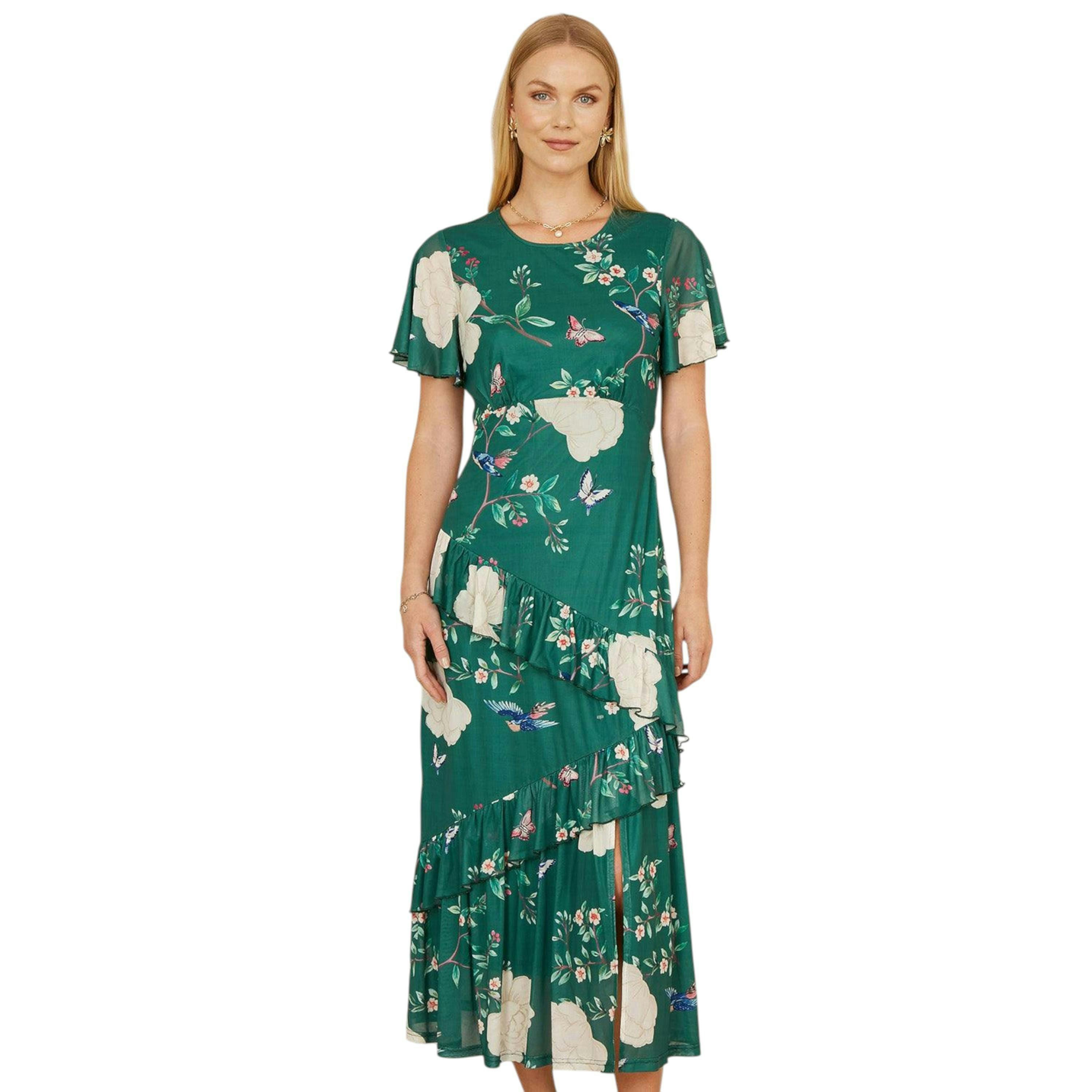Yumi Green Mesh Bird And Floral Print Midi Dress With Ruffles , view 1 of 6