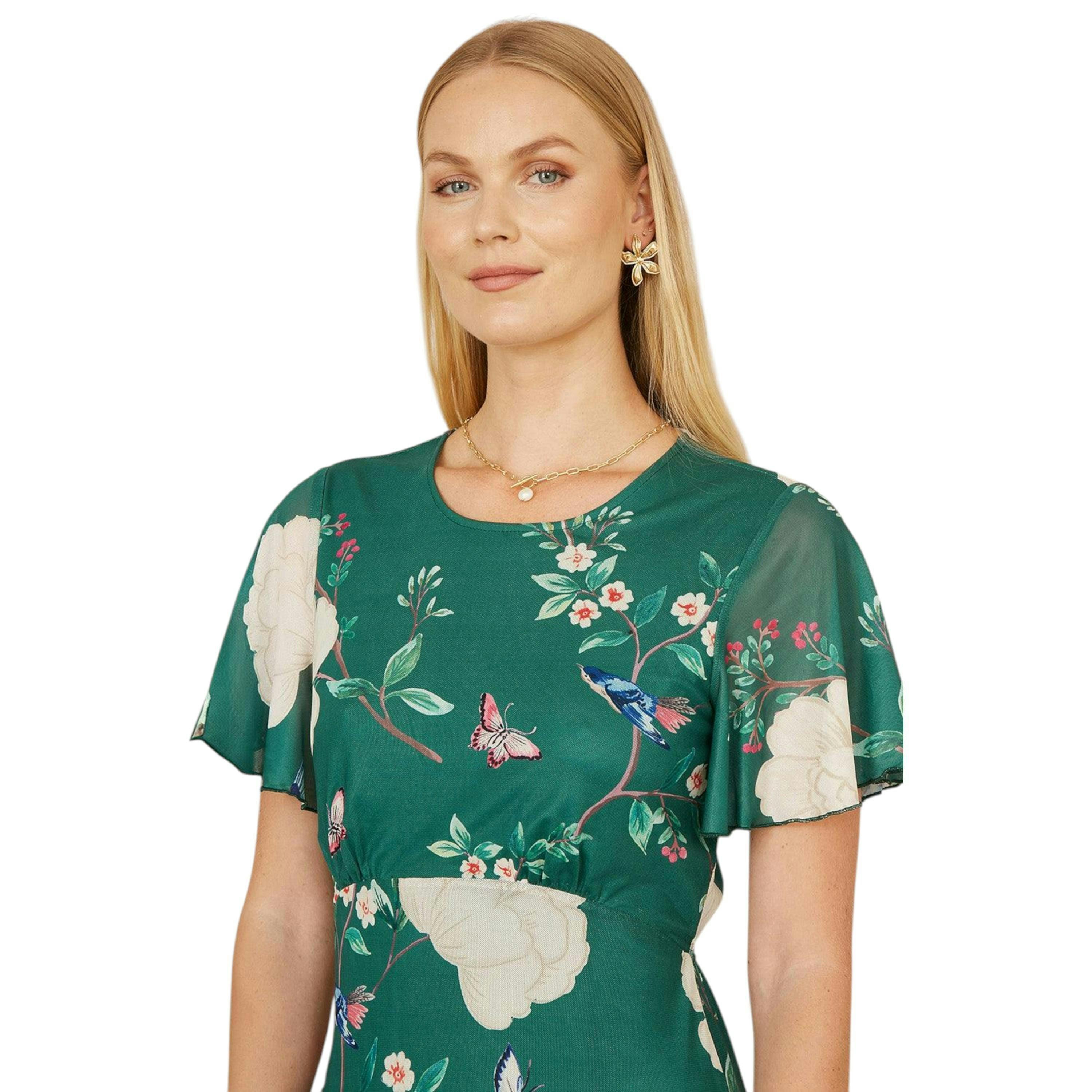 Yumi Green Mesh Bird And Floral Print Midi Dress With Ruffles , view 2 of 6