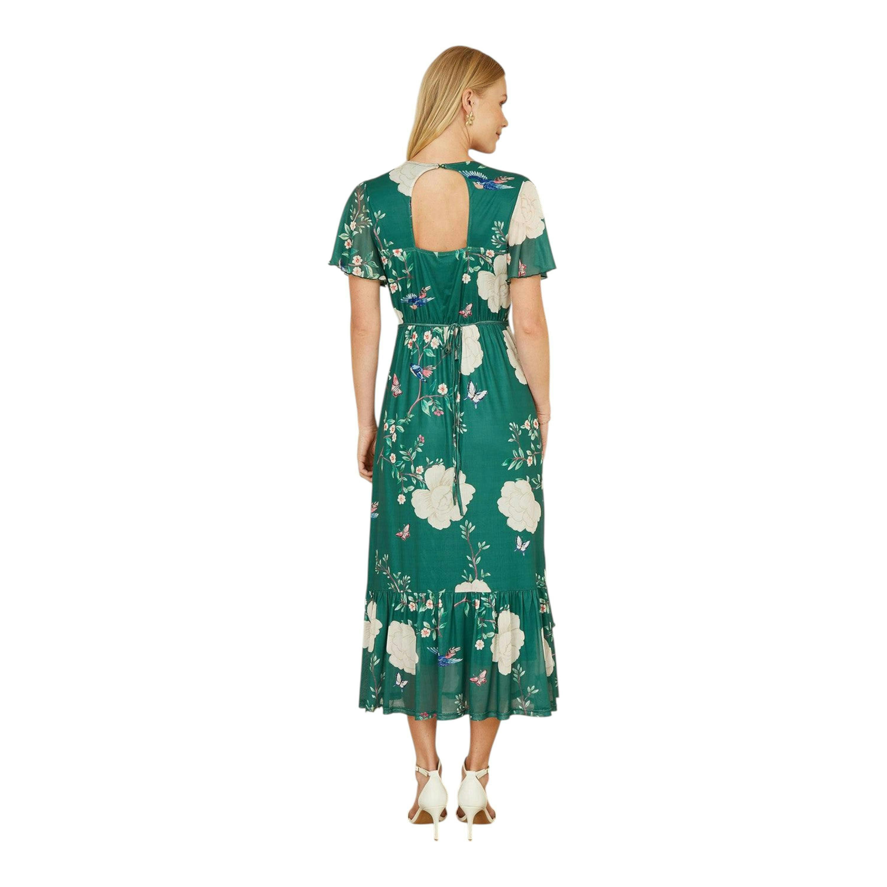 Yumi Green Mesh Bird And Floral Print Midi Dress With Ruffles , view 3 of 6