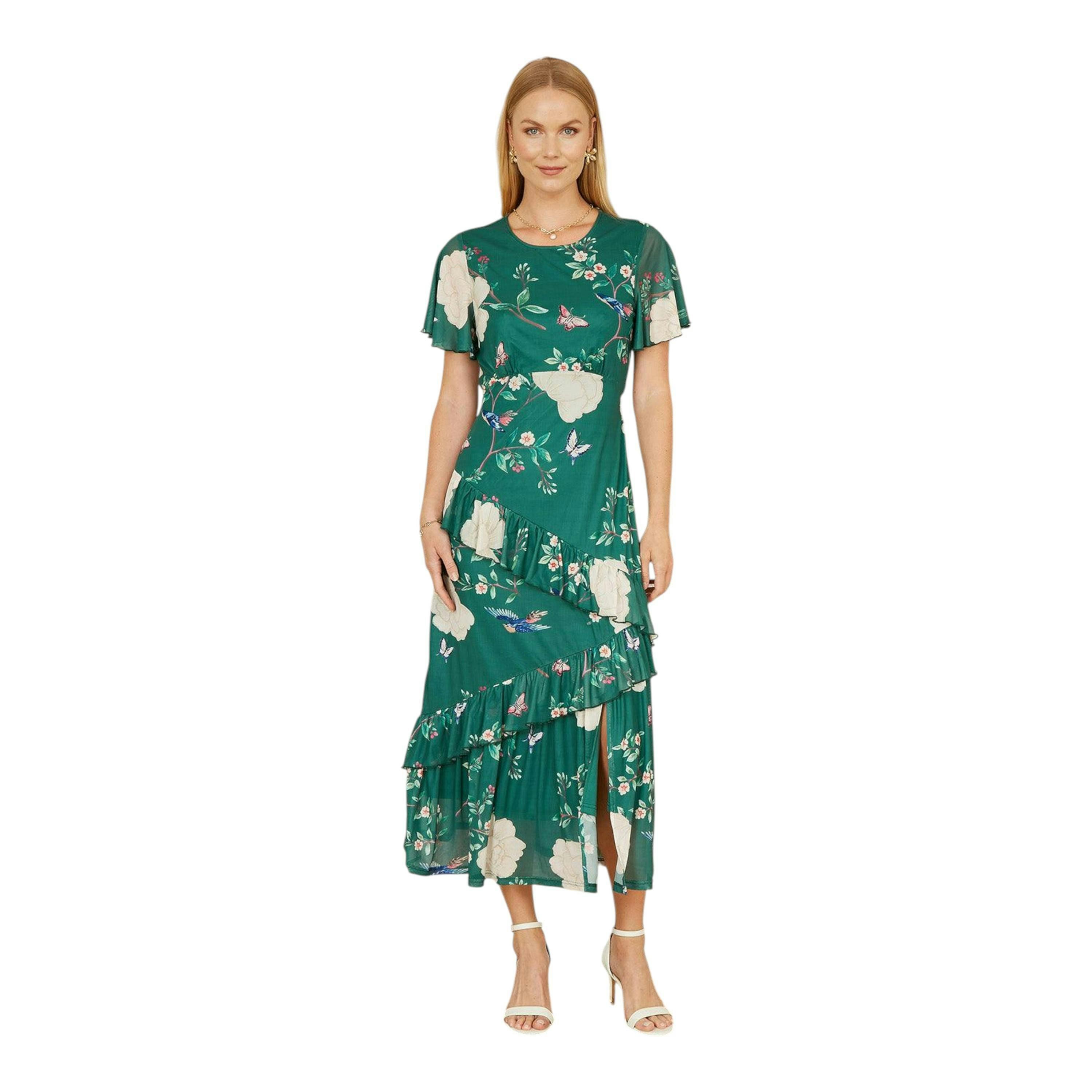 Yumi Green Mesh Bird And Floral Print Midi Dress With Ruffles , view 4 of 6
