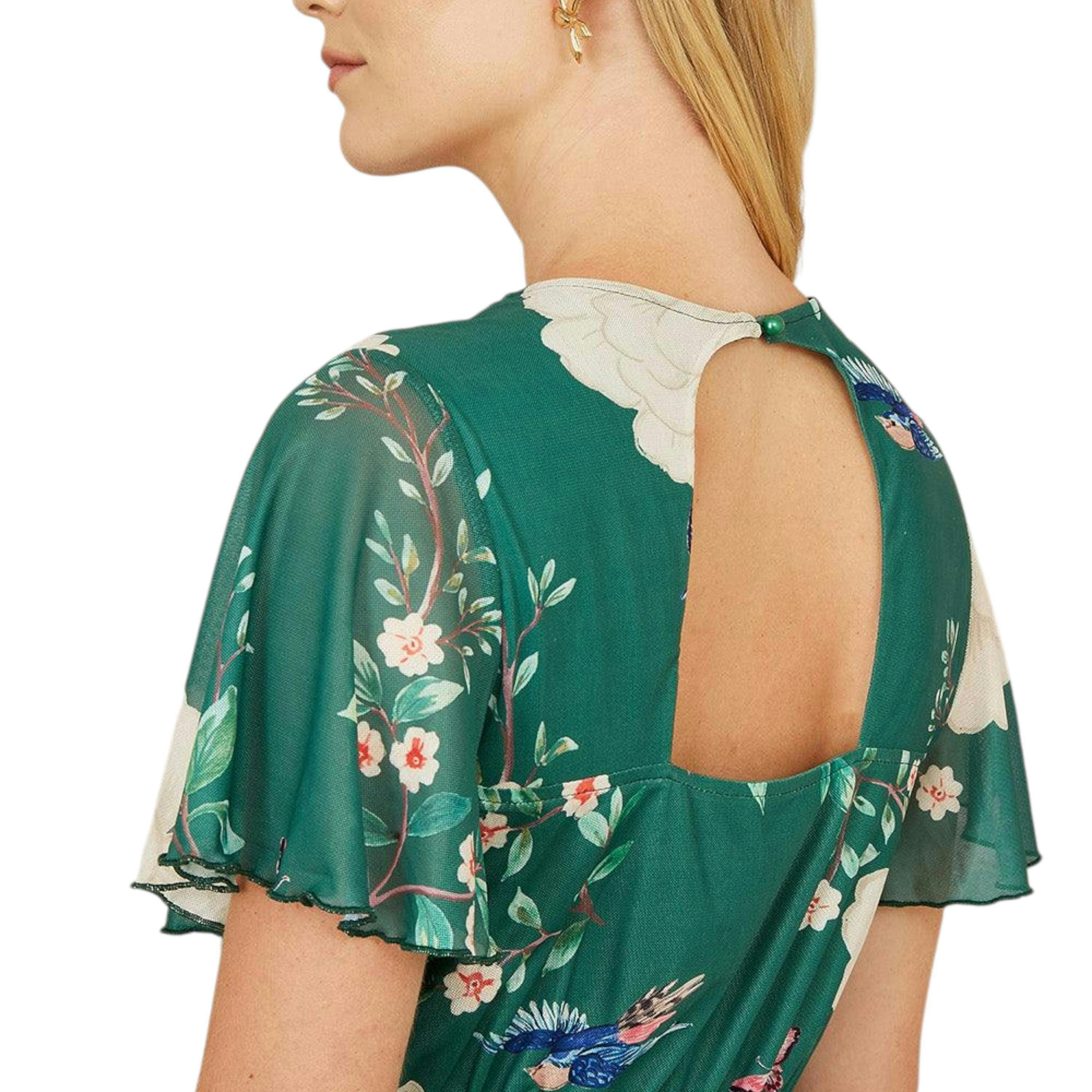 Yumi Green Mesh Bird And Floral Print Midi Dress With Ruffles , view 5 of 6
