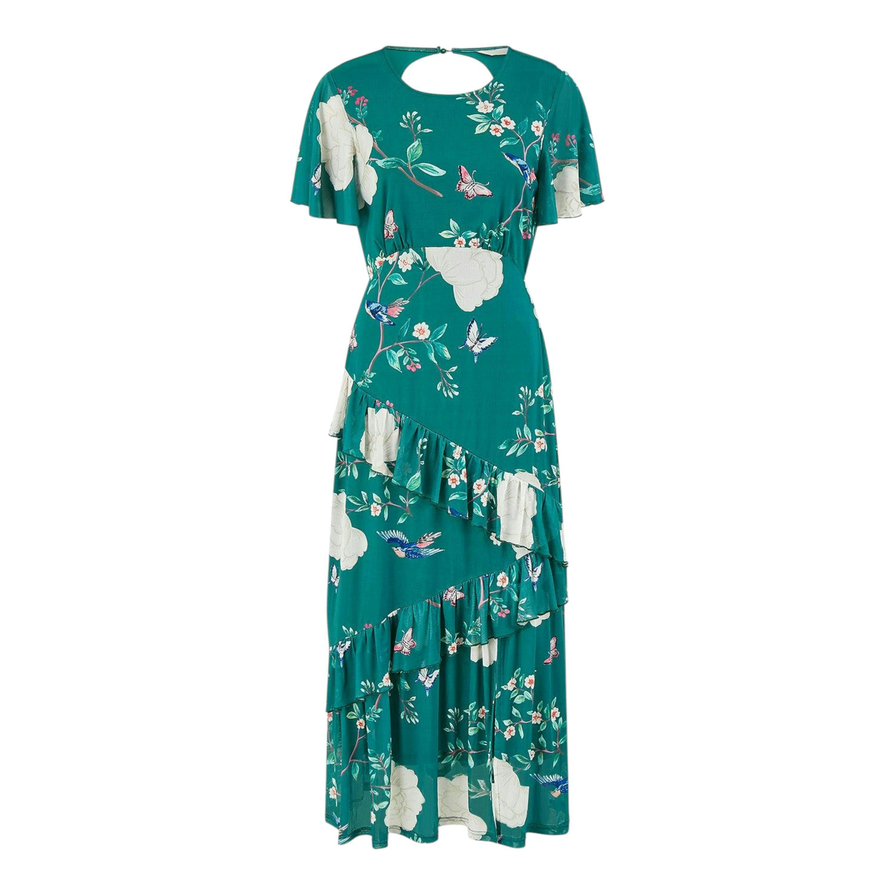 Yumi Green Mesh Bird And Floral Print Midi Dress With Ruffles , view 6 of 6