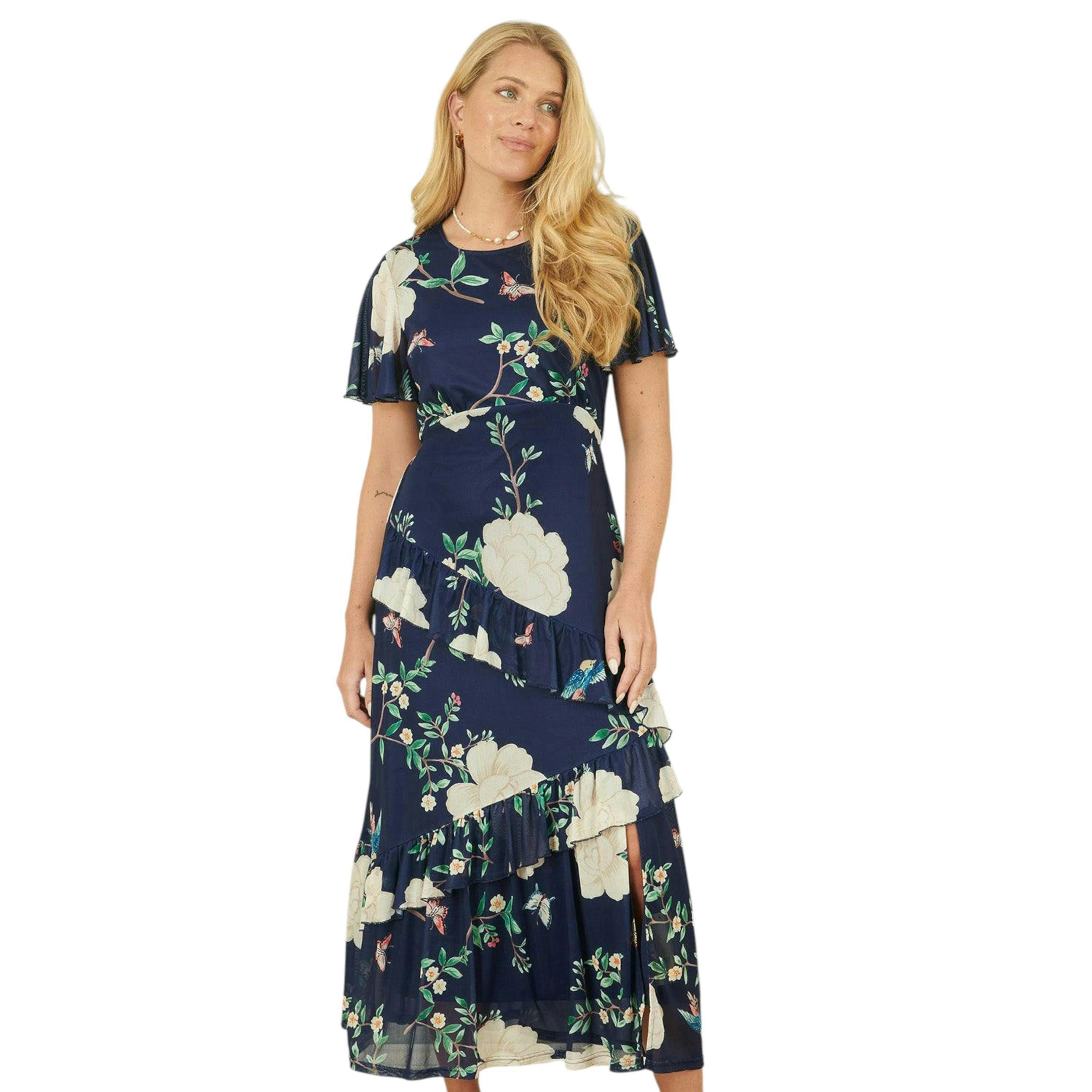 Yumi Navy Mesh Bird And Floral Print Midi Dress With Ruffles , view 1 of 6