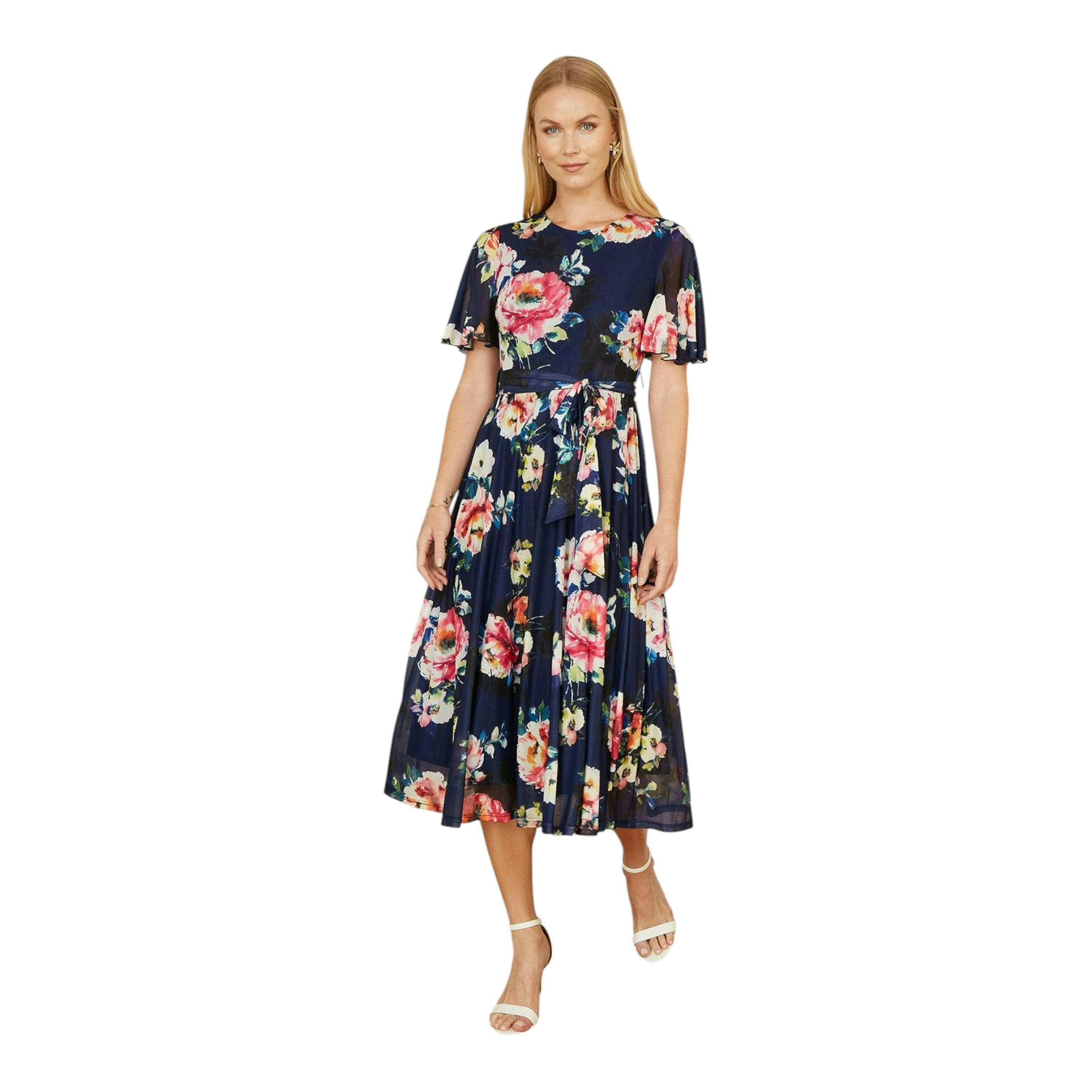 Yumi Navy Mesh Floral Print Midi Dress With Angel Sleeves , view 1 of 5