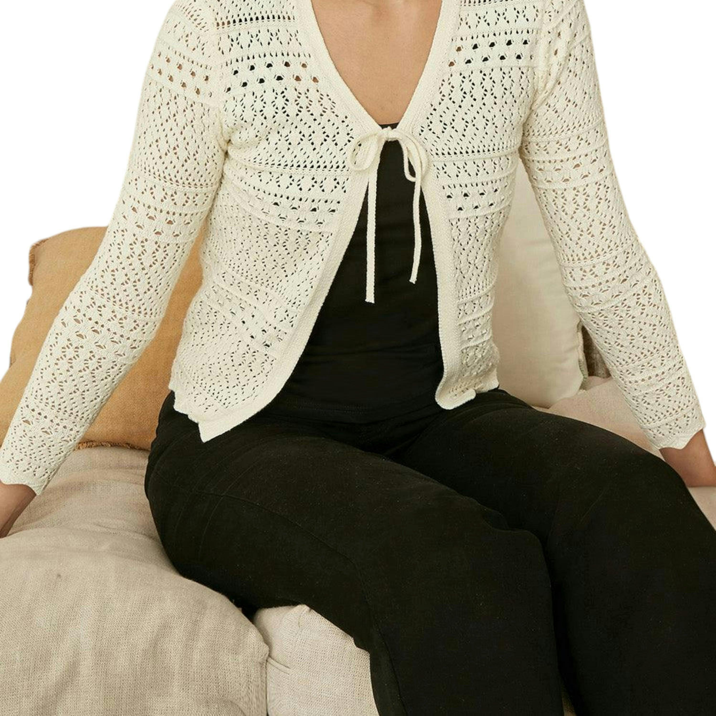 Yumi Ivory Crochet Tie Front Cardigan , view 1 of 5
