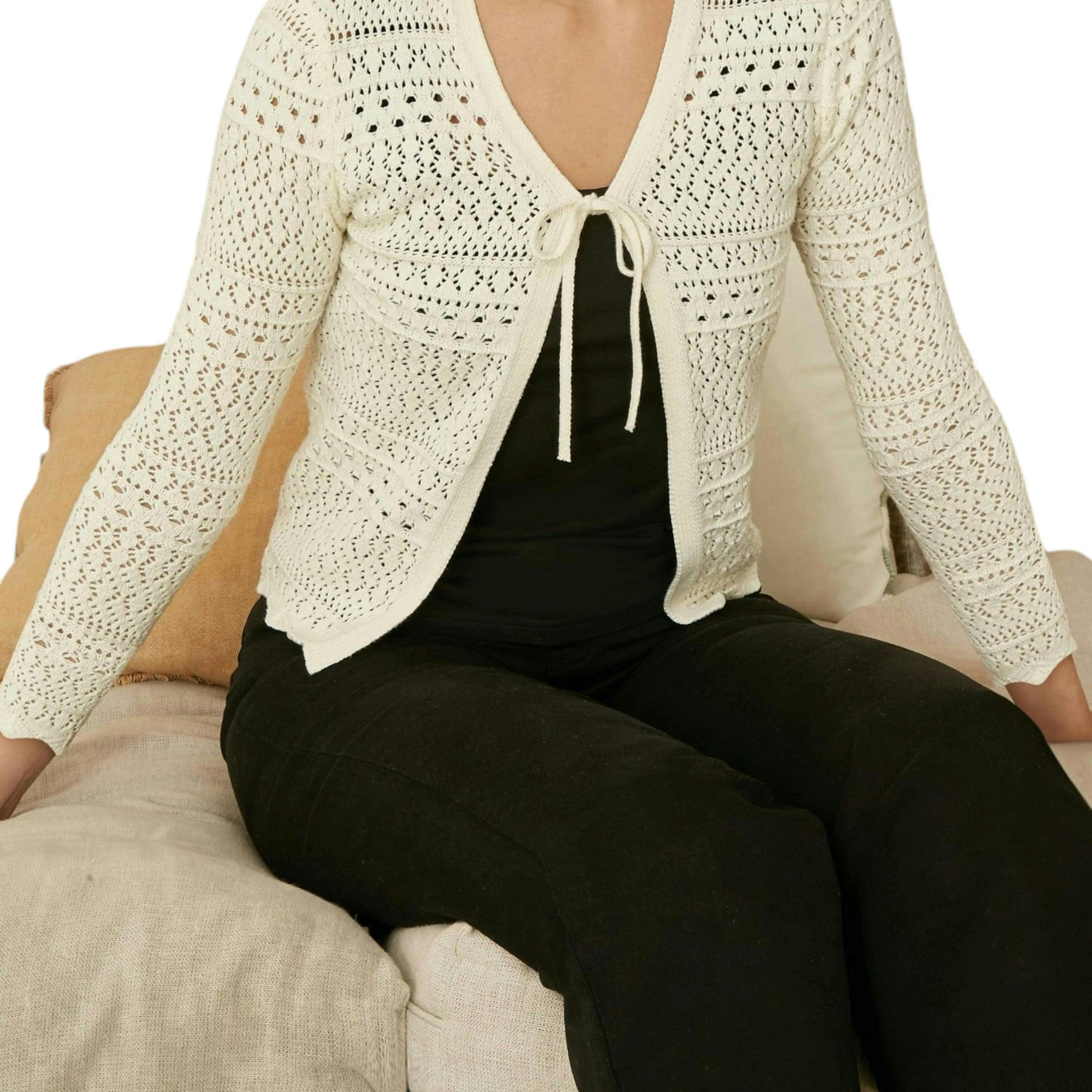 Yumi Ivory Crochet Tie Front Cardigan , view 5 of 5