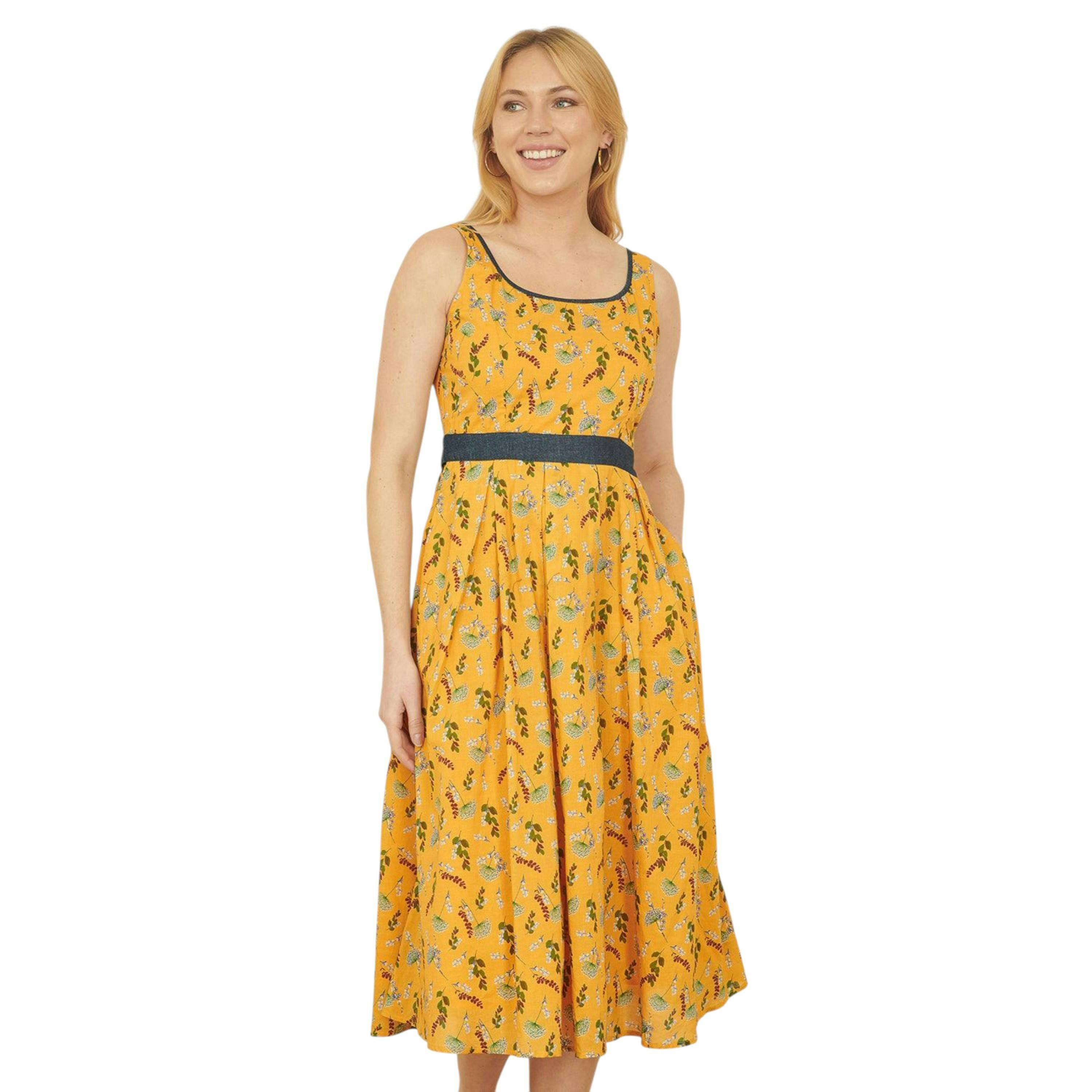 Yumi Mustard Floral Skater Dress With Denim Trims , view 1 of 6