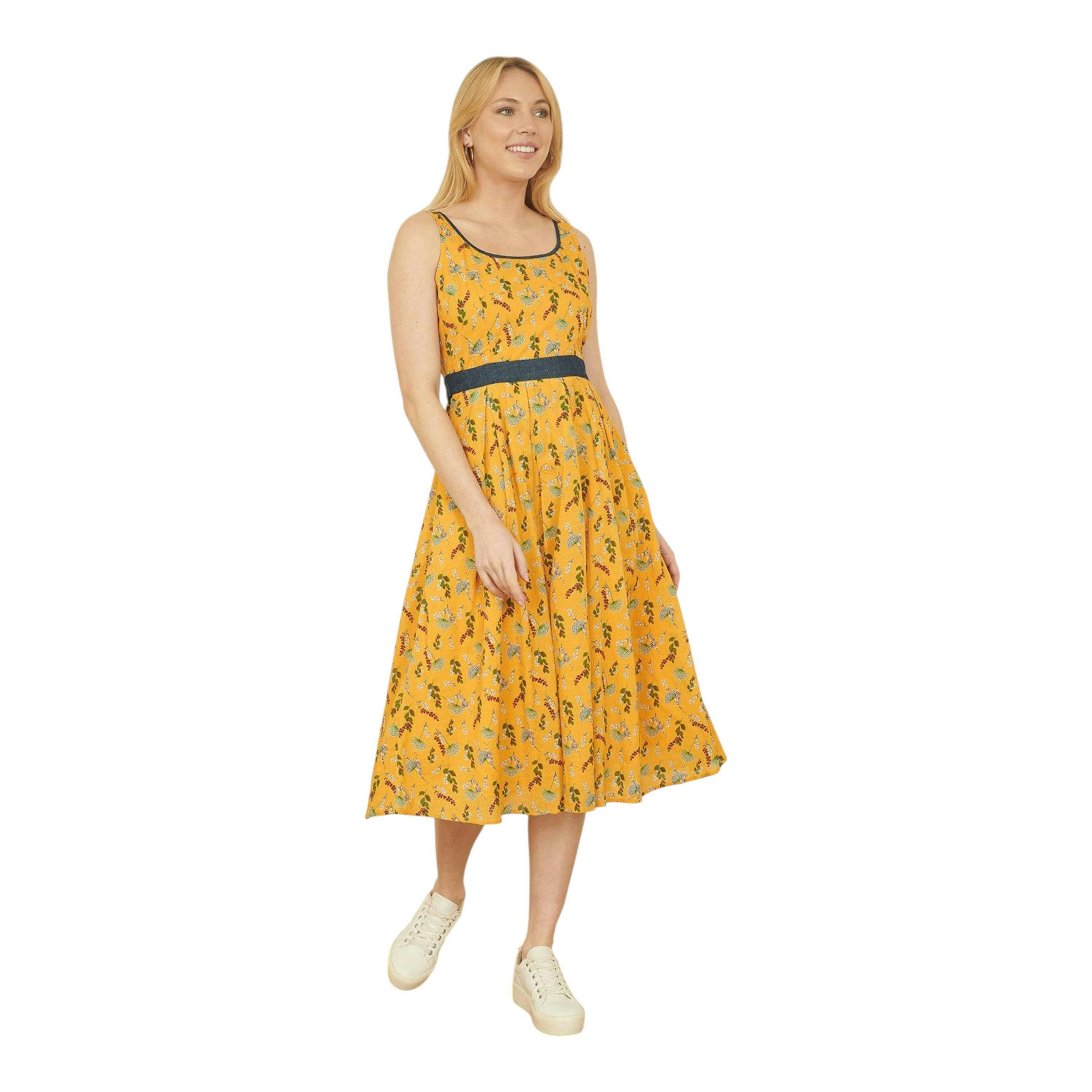 Yumi Mustard Floral Skater Dress With Denim Trims , view 2 of 6