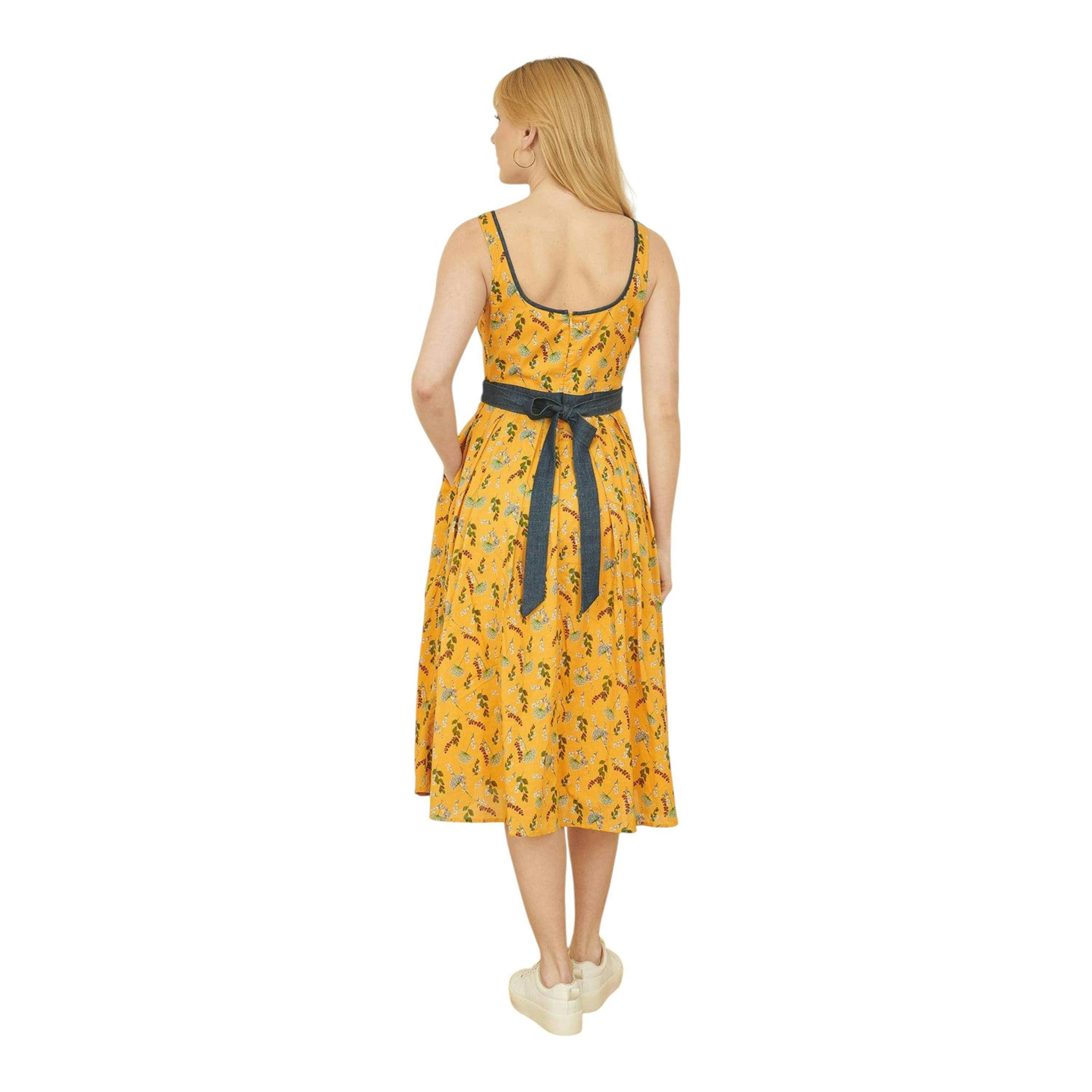 Yumi Mustard Floral Skater Dress With Denim Trims , view 3 of 6