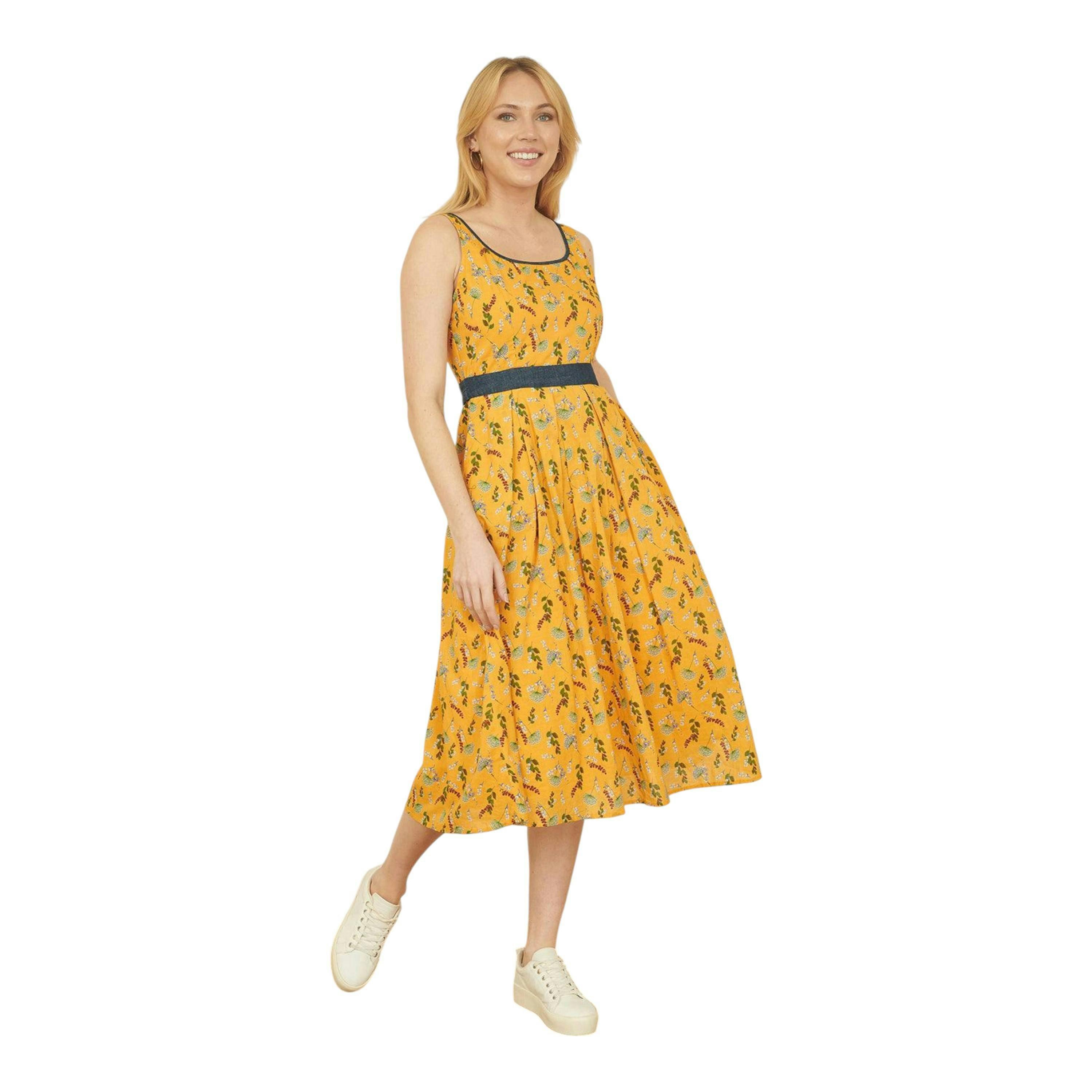 Yumi Mustard Floral Skater Dress With Denim Trims , view 4 of 6