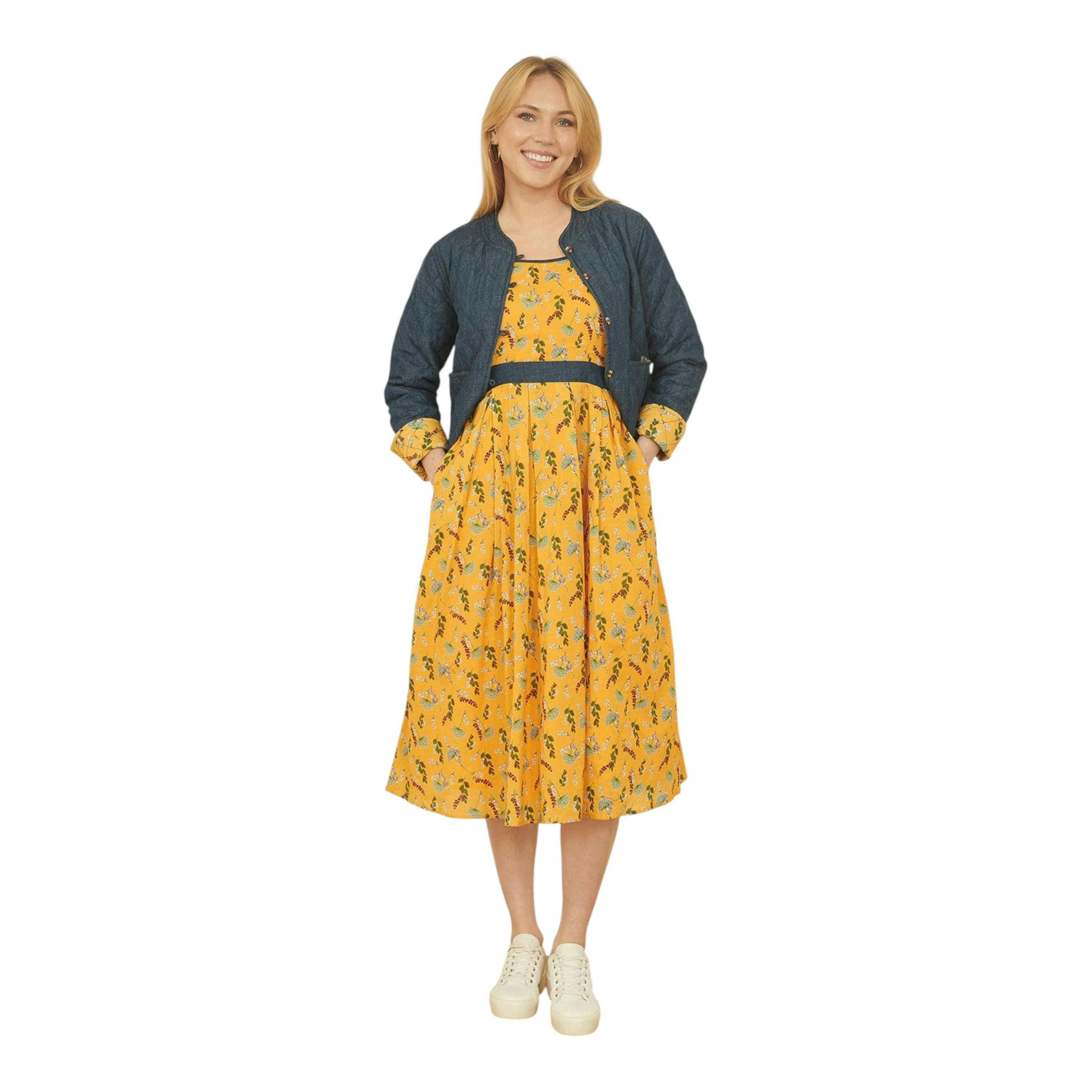 Yumi Mustard Floral Skater Dress With Denim Trims , view 5 of 6