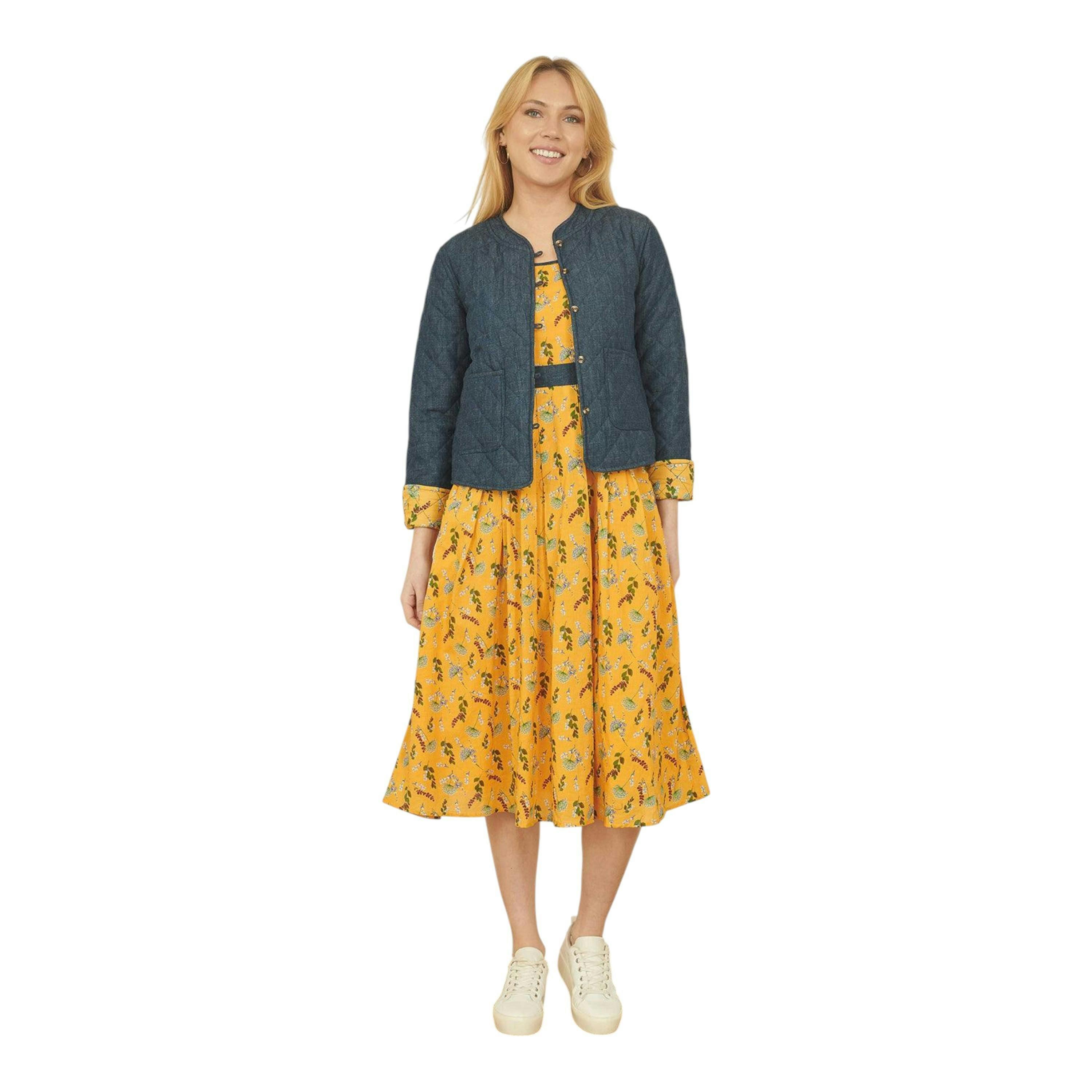 Yumi Mustard Floral Skater Dress With Denim Trims , view 6 of 6