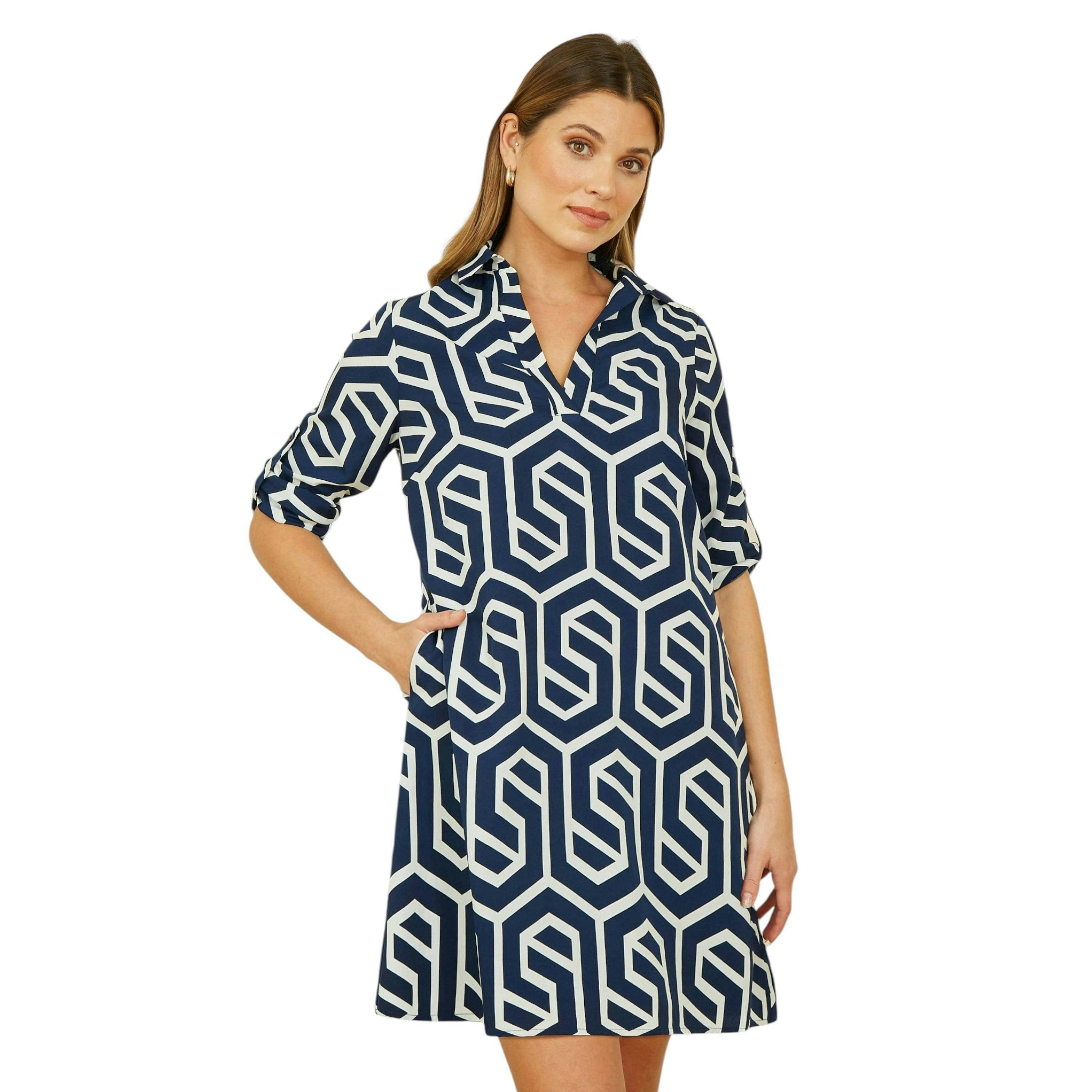 Yumi Navy Geo Print Tunic With Pockets , view 1 of 4