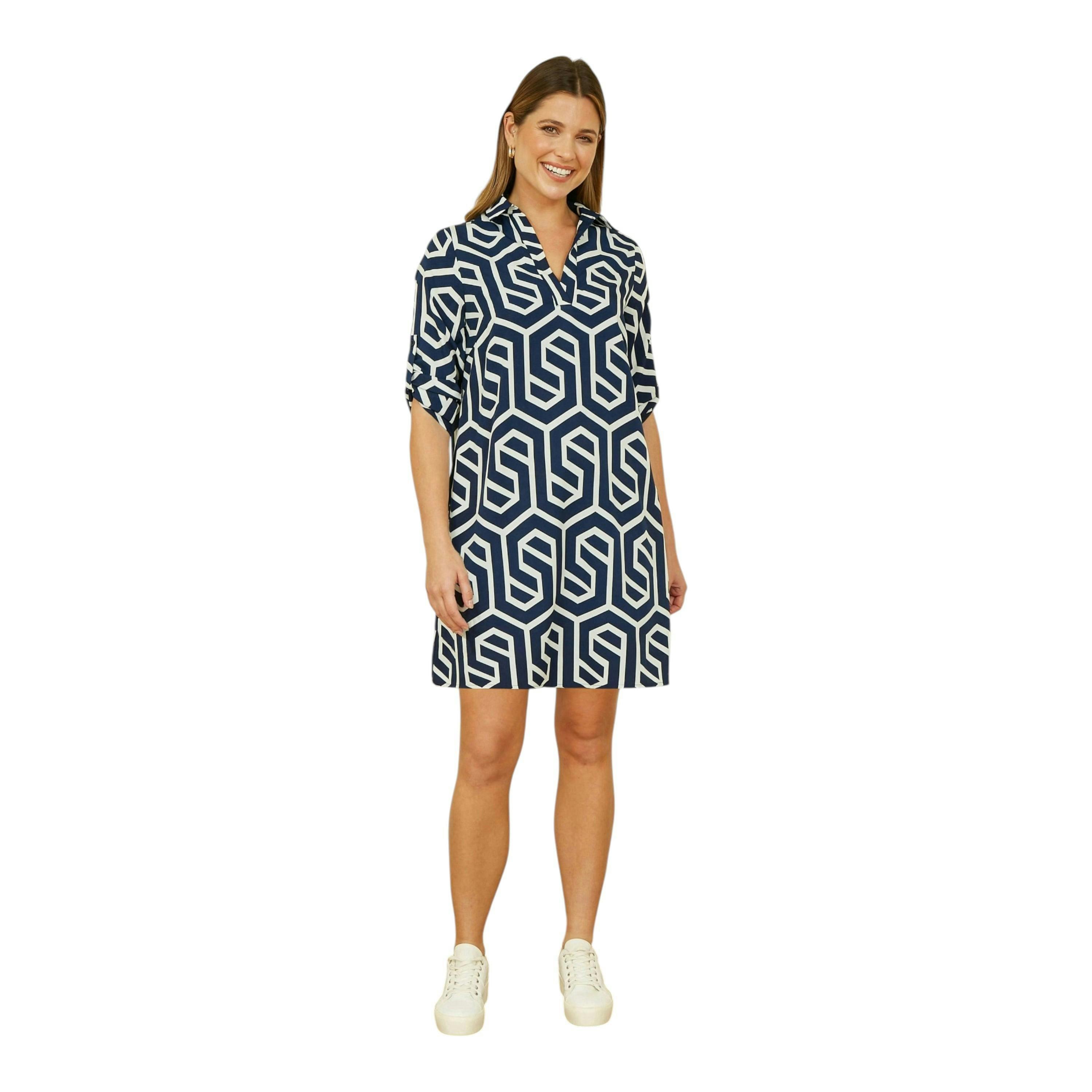Yumi Navy Geo Print Tunic With Pockets , view 4 of 4