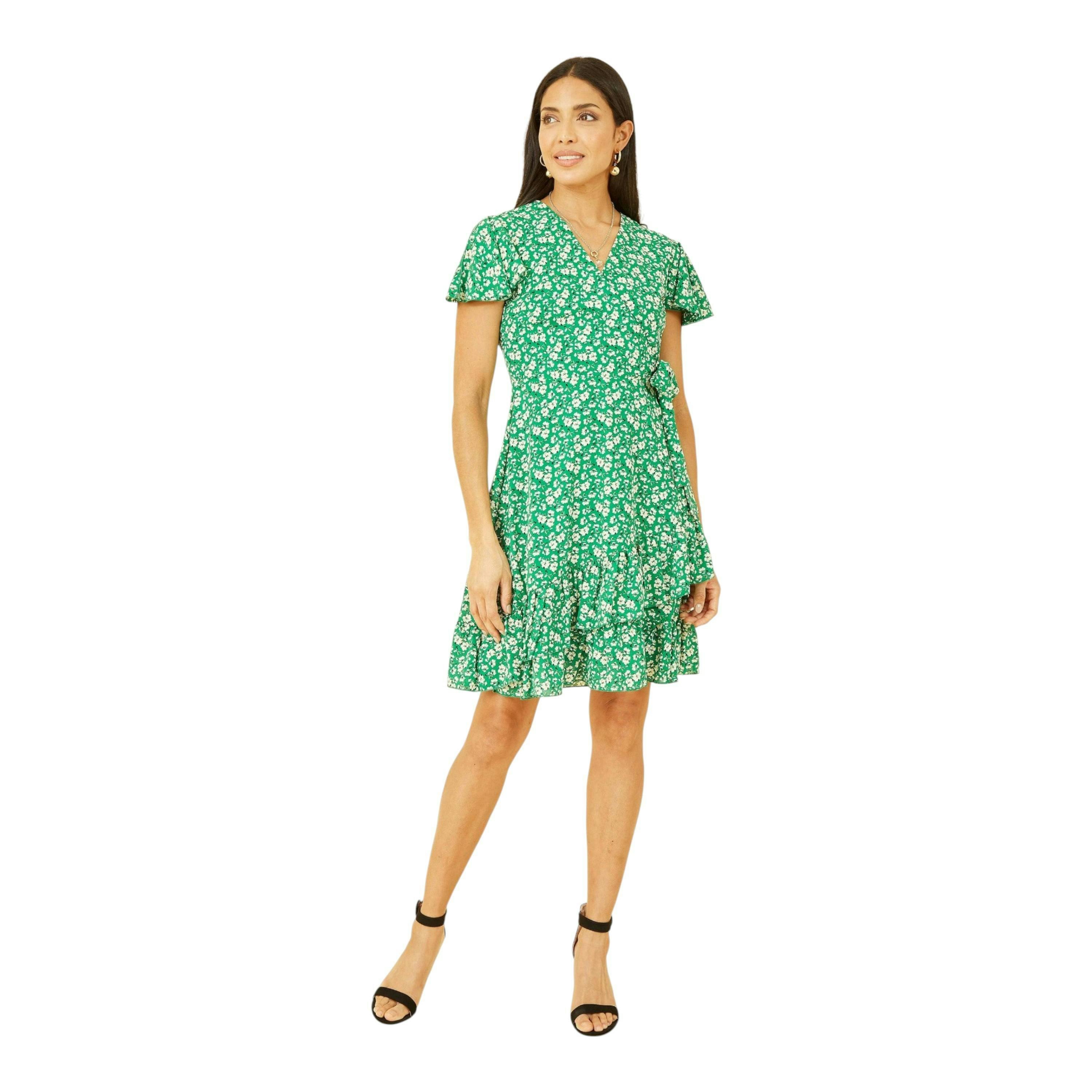 Yumi Green Ditsy Floral Wrap Frill Dress , view 1 of 4