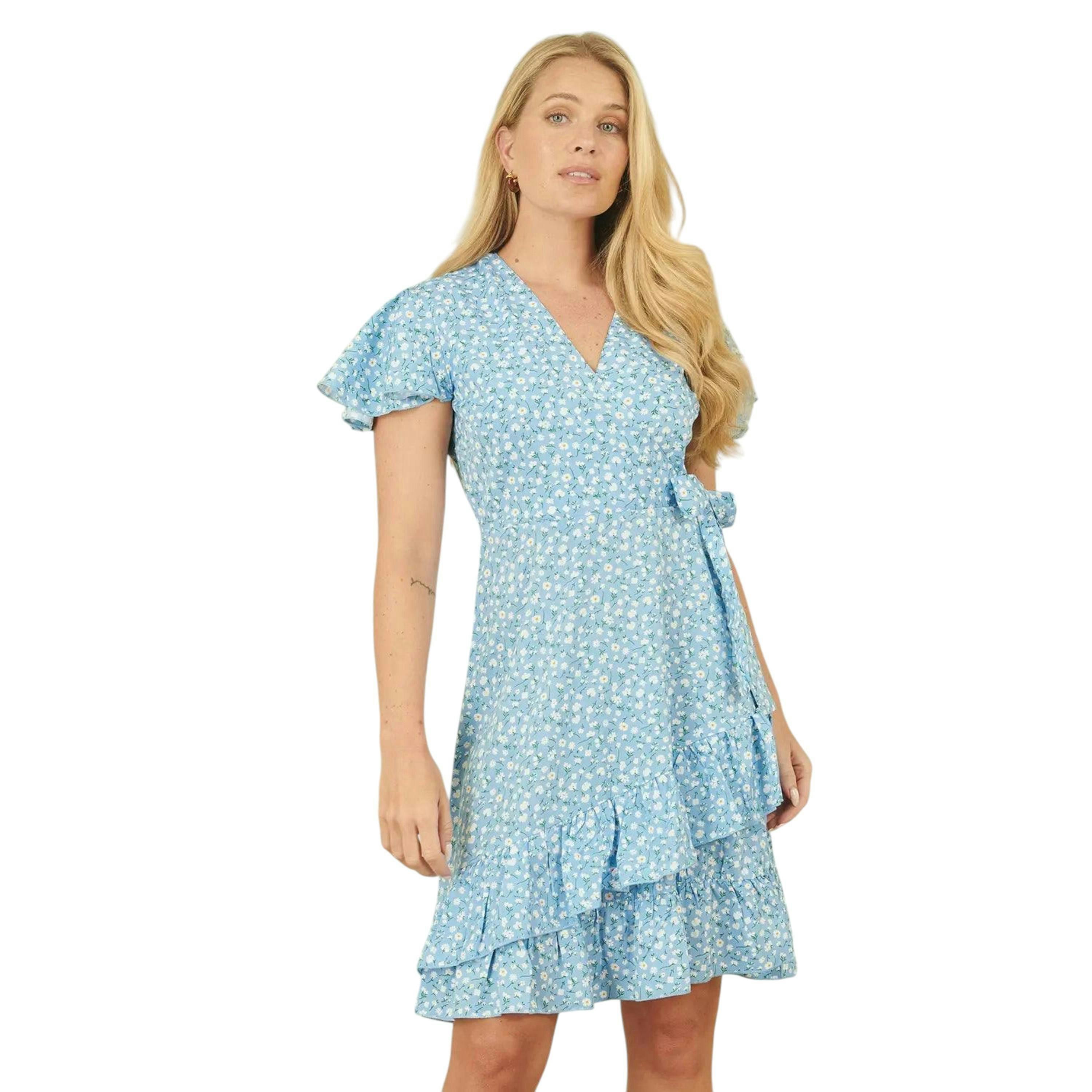 Yumi Blue Ditsy Floral Wrap Frill Dress , view 1 of 3