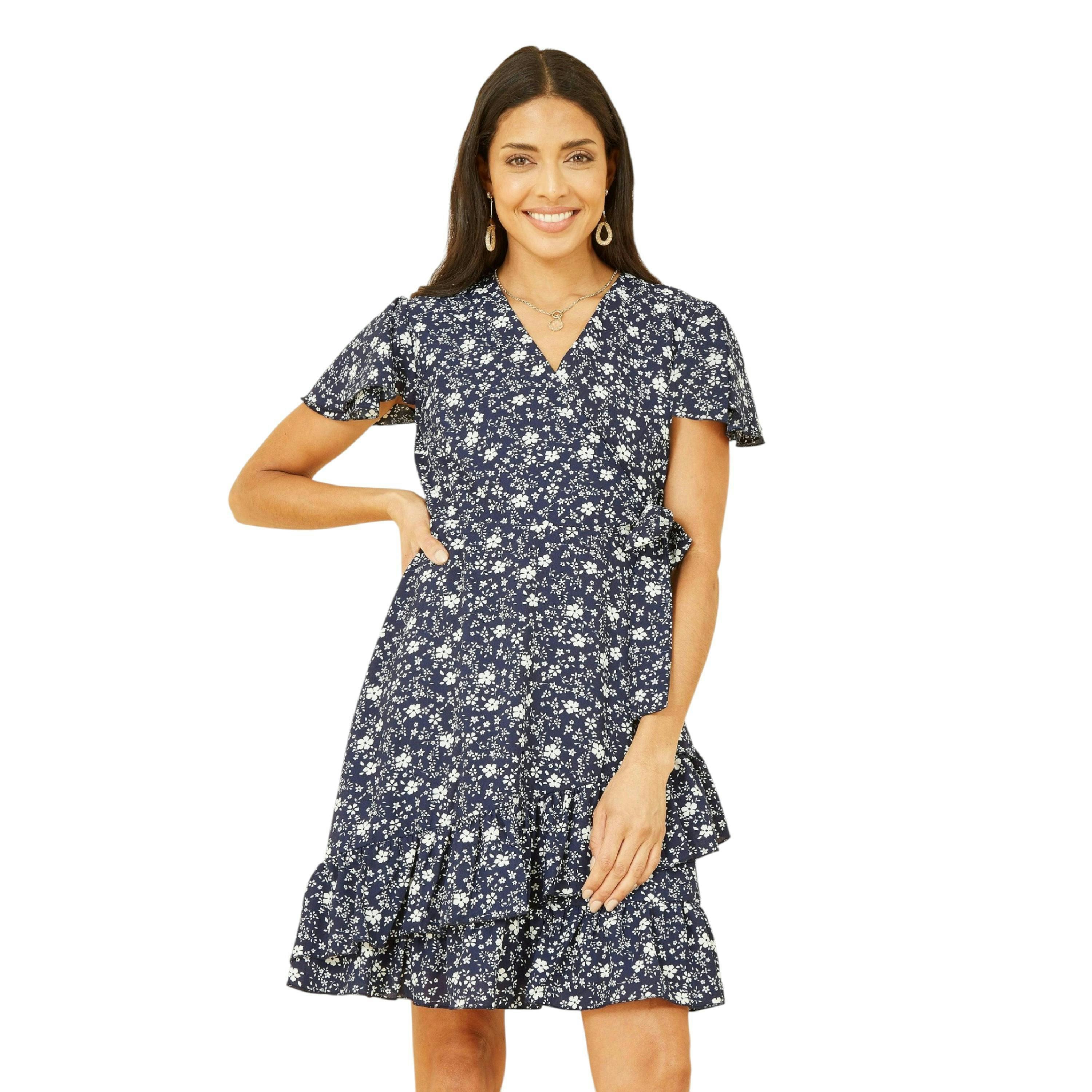 Yumi Navy Ditsy Floral Wrap Frill Dress , view 1 of 4