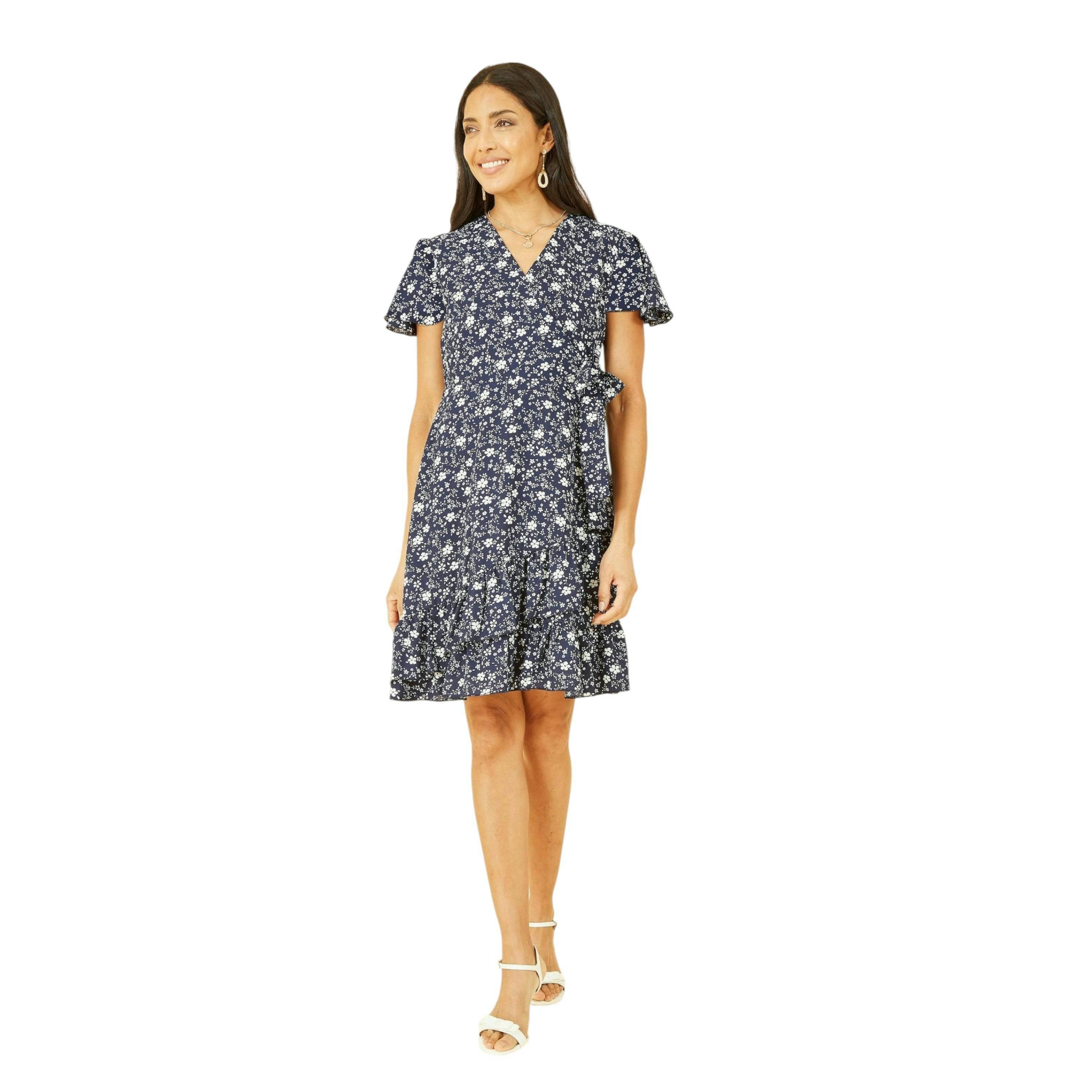 Yumi Navy Ditsy Floral Wrap Frill Dress , view 2 of 4