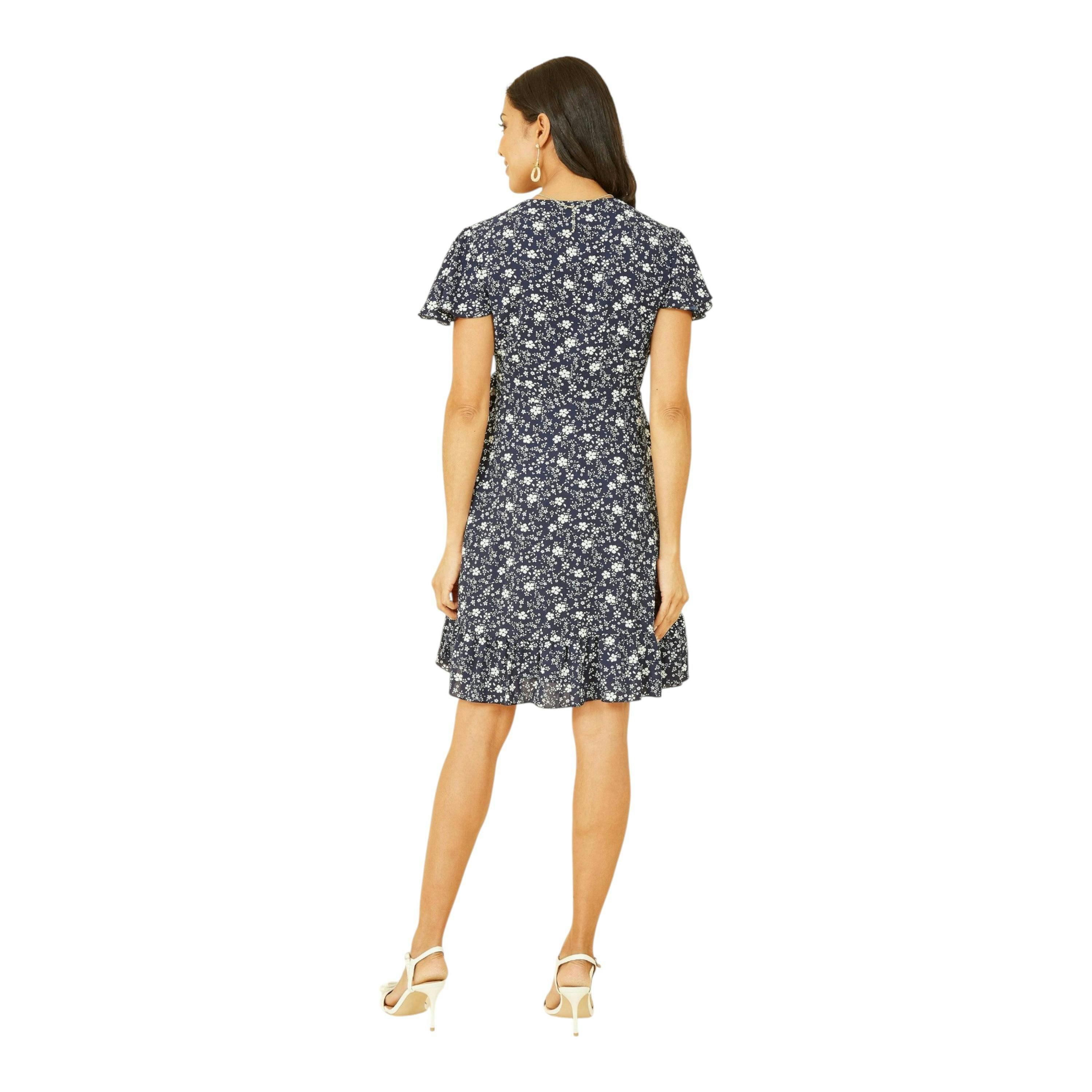 Yumi Navy Ditsy Floral Wrap Frill Dress , view 3 of 4