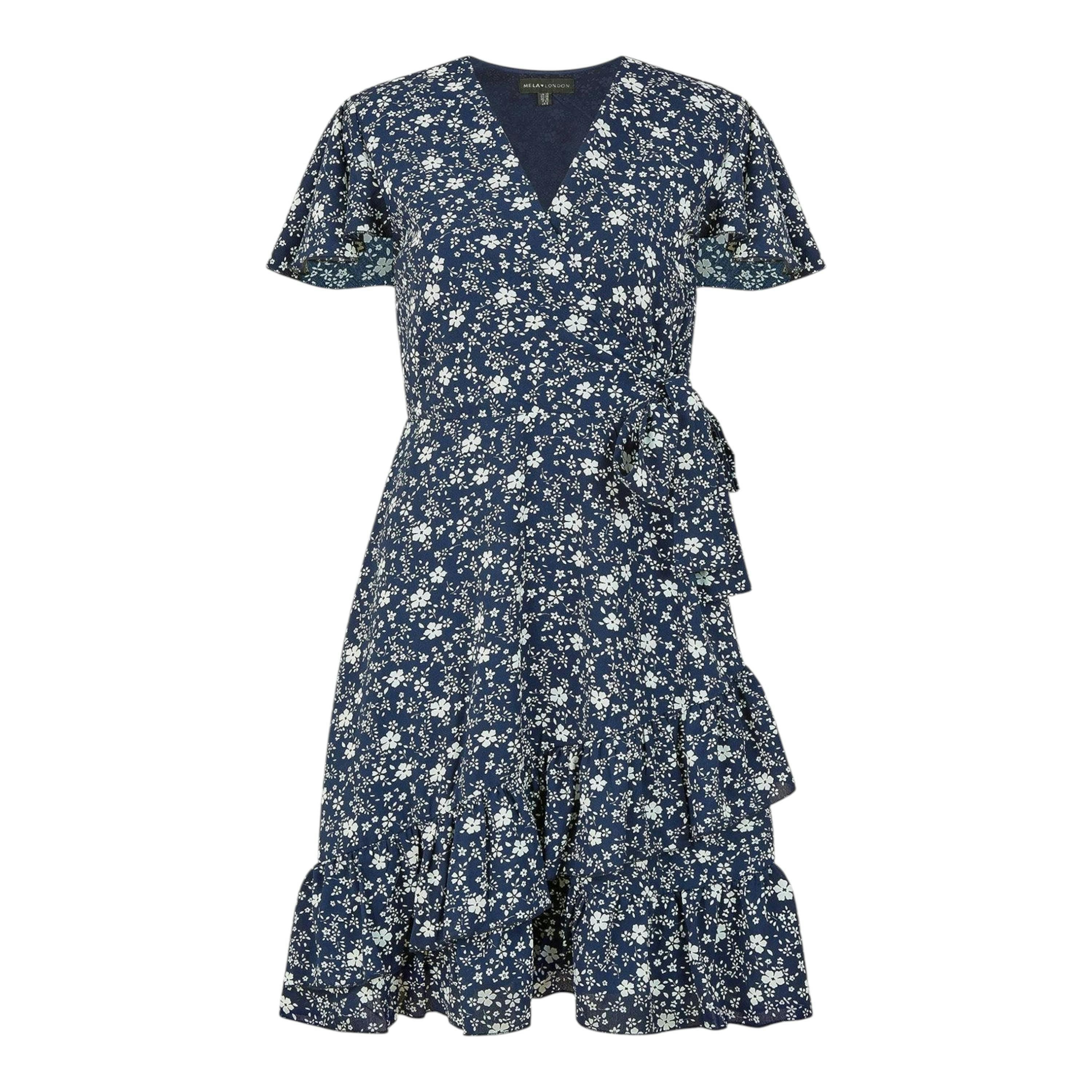 Yumi Navy Ditsy Floral Wrap Frill Dress , view 4 of 4