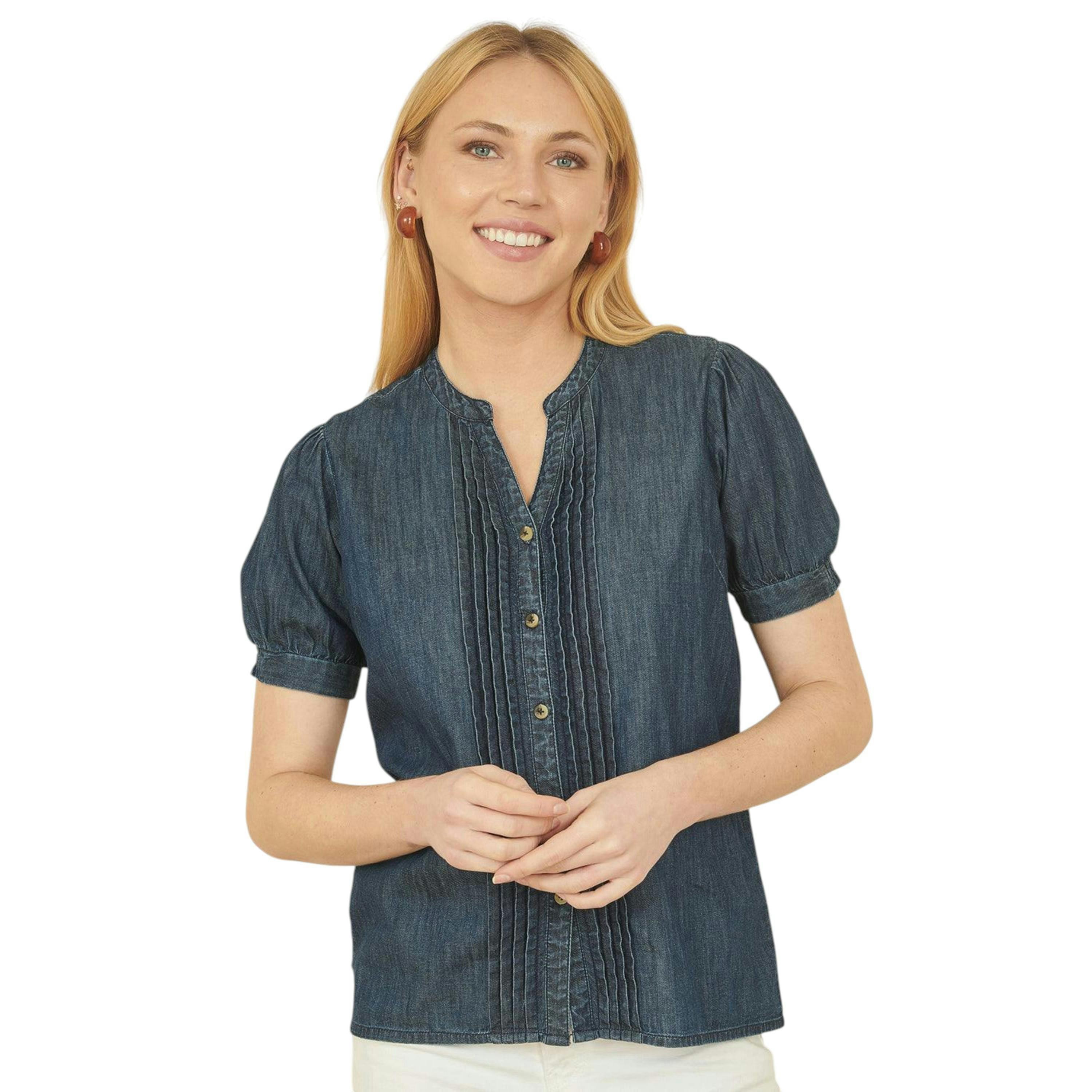 Yumi Blue Chambray Pleated Denim Shirt , view 1 of 5